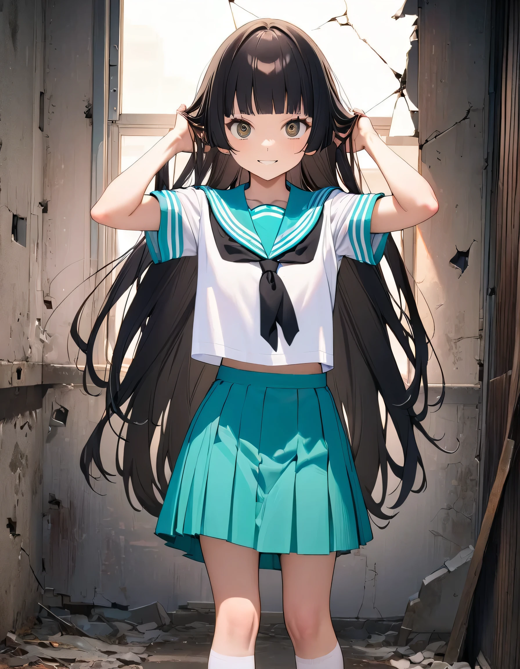 (8k, best quality, master piece: 1.2),super high resolution,1 girl,solo,15yo,ultra-detailed face,detailed eyes,brown eyes,very long hair,glossy black hair,Hime cut,straight hair,Giving an empty smile,Perfect Hands, Perfect Fingers,(Spread your hair with both hands),sailor suit,aqua collar, white shirts, short sleeve, school,aqua skirt,black ribbon tie,White knee-high socks,Tea loafers,Are standing,rim light,Broken Window,Abandoned hospital corridor