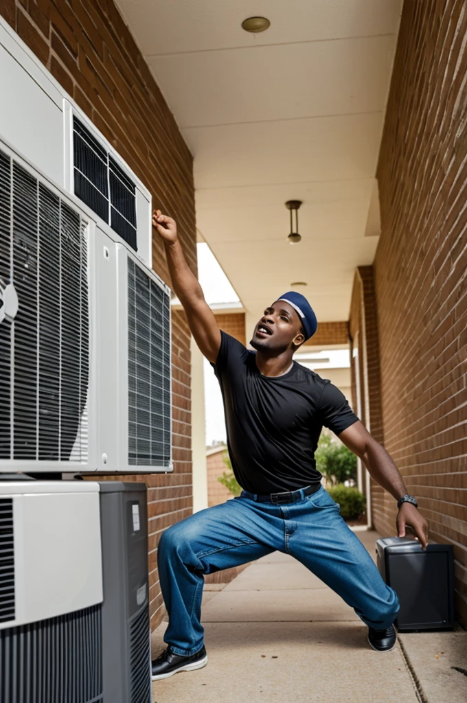 A black man trying to catch his falling air conditioner 