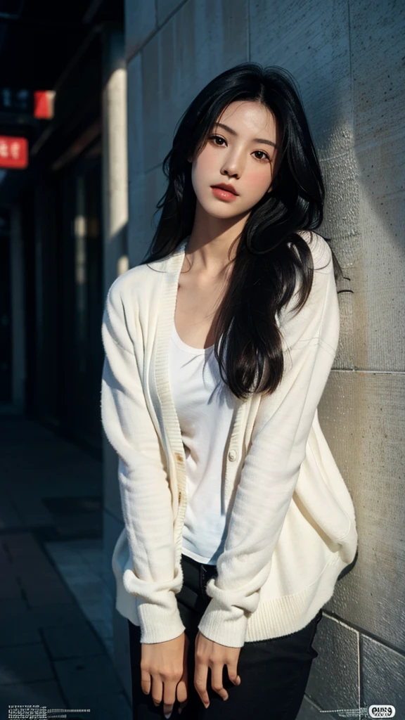 masterpiece, best quality, ultra high resolution (realism: 1.4), original photo, 35mm lens., F1 aperture.4, movie poster, light and shadow, female, white cardigan, long black hair, real skin, (skin detail: 1.3),