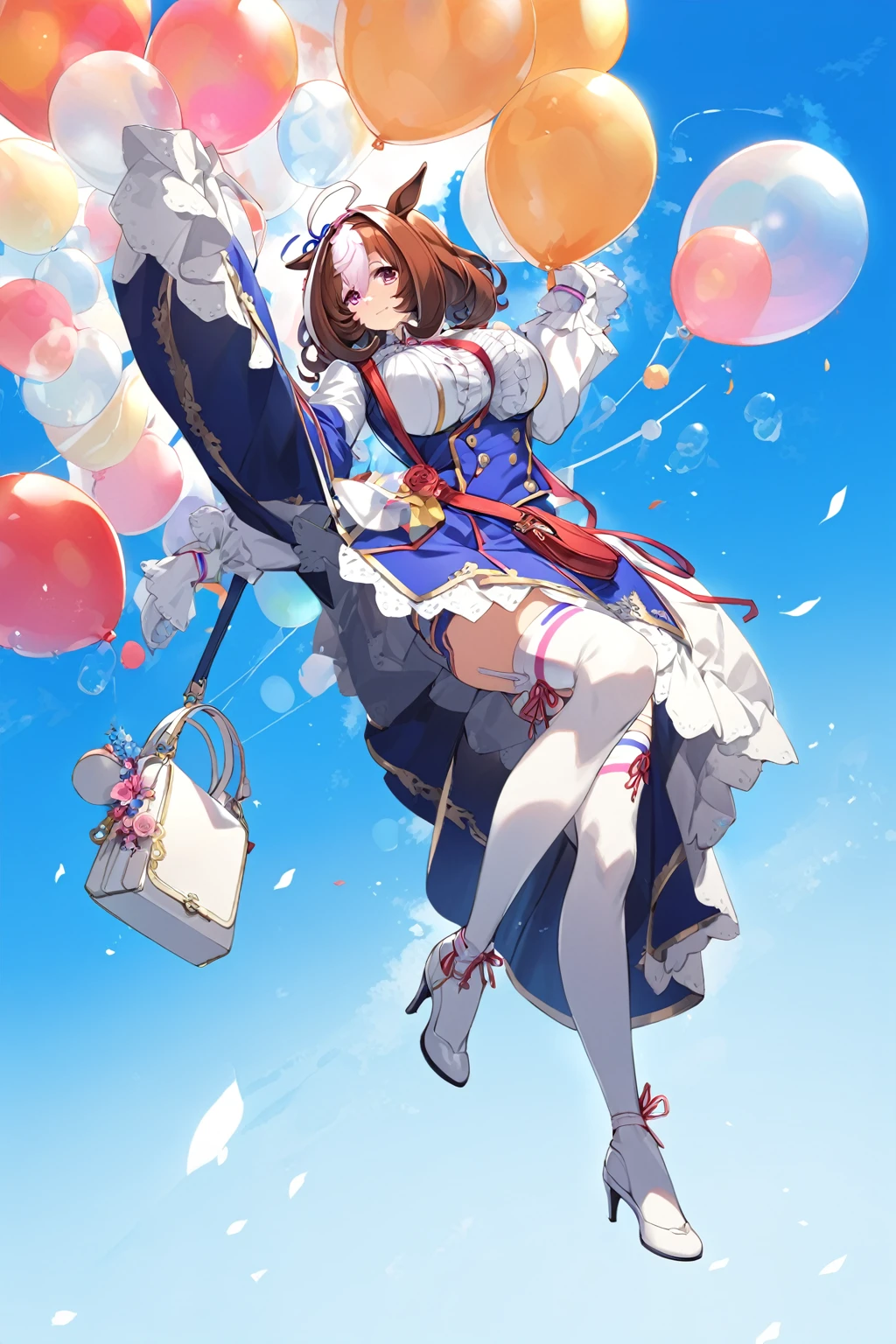 meisho doto \(umamusume\),white shirt, collared shirt, white gloves, shoulder bag, strap between breasts, blue skirt, long sleeves, white thighhighs, high heels, handbag, white footwear, center frills, sleeves past wrist,light smile,looking_at_viewer