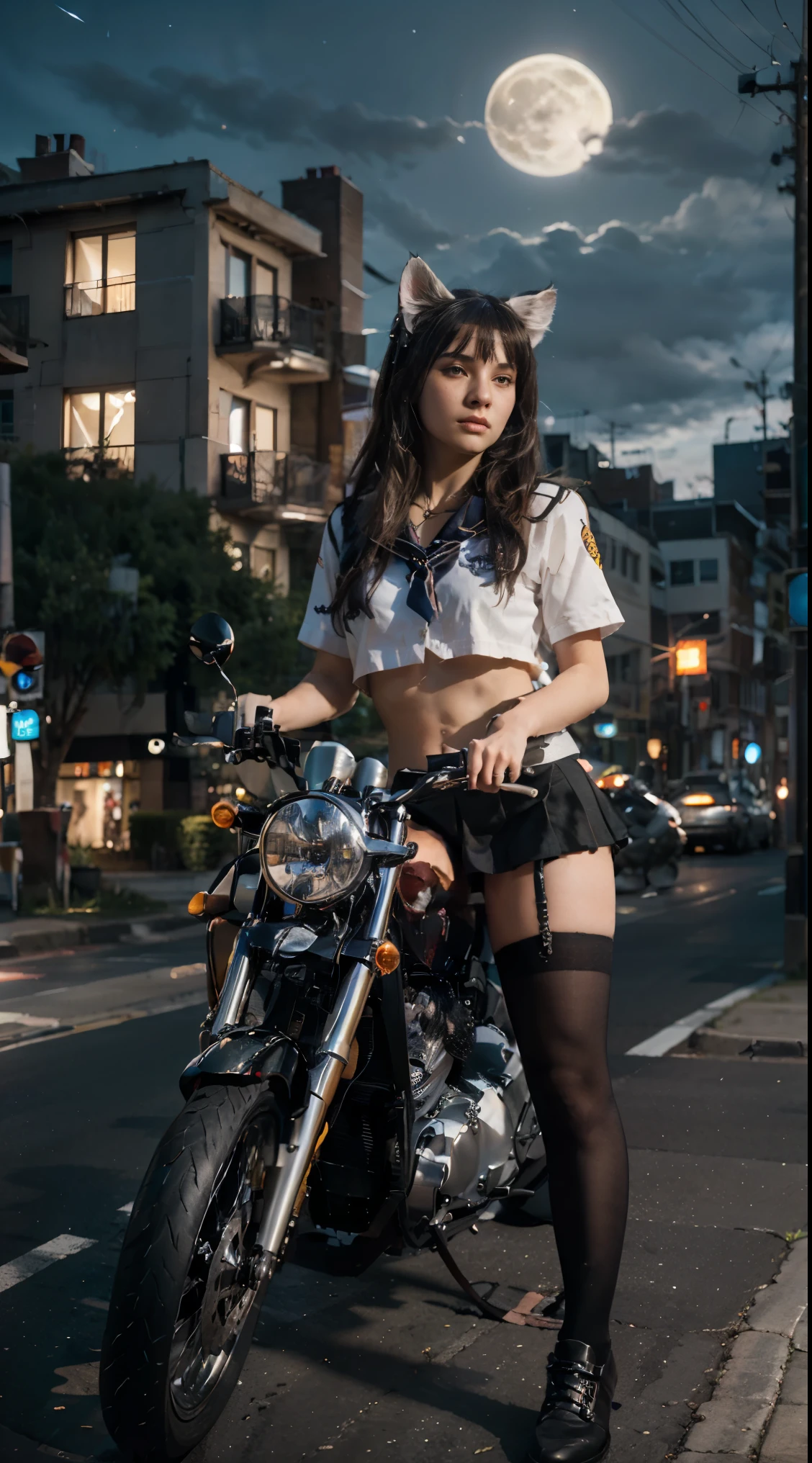 17-year-old Waifu  E-Girl, Cat Ears, Cat Tail, posando na frente de uma motocicleta futurista, the motorcycle has skulls and blue flames highly detailed 3D graphics, night scenery with full moon in the background, she is wearing a  White SchoolUniform with 3D skulls and flames and Sailor Miniskirt, Pantyhose, HDR, epic realism, high-octane rendering, obra de arte,