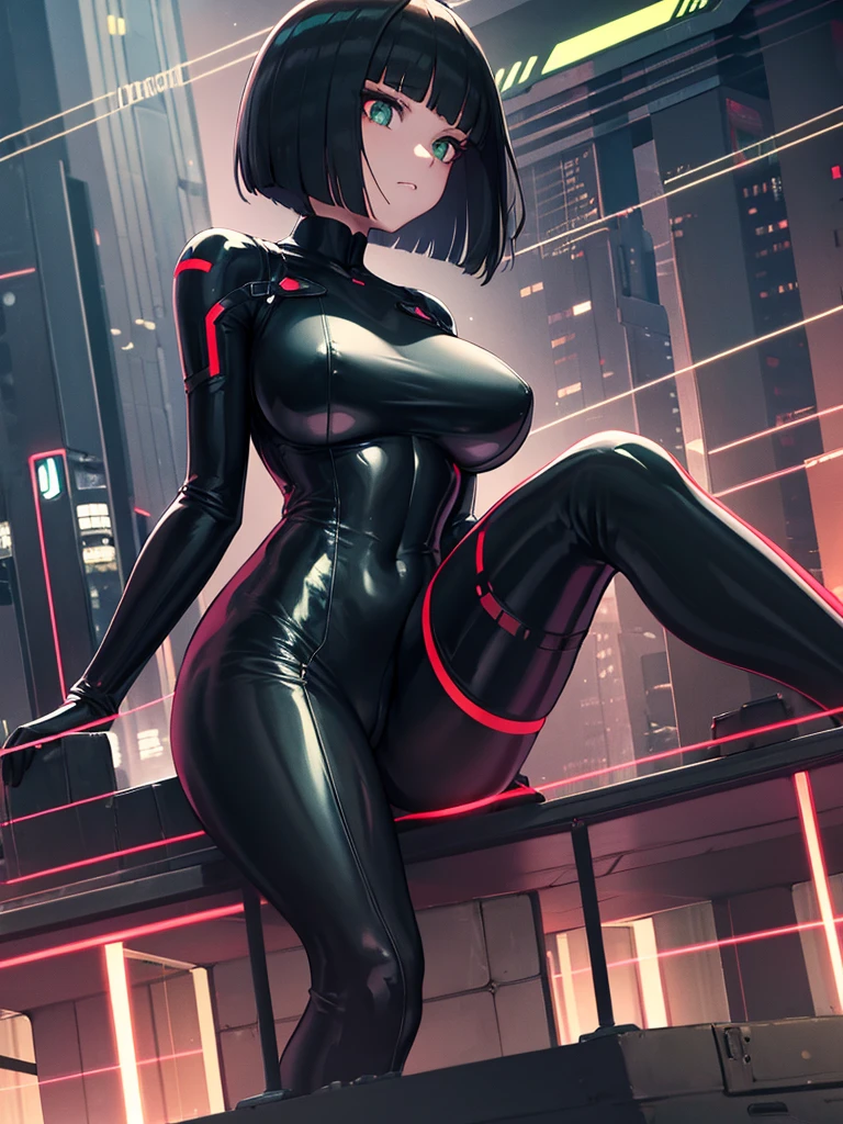 
1 girl, bob cut, forehead, green eyes, big eyes, expressionless, large breasts, (black bodysuit with red neon lines), protector, black gloves, black boots, crouching, futuristic city, rooftop of a building, night sky, Galaxy, high quality, delicate, masterpiece illustration