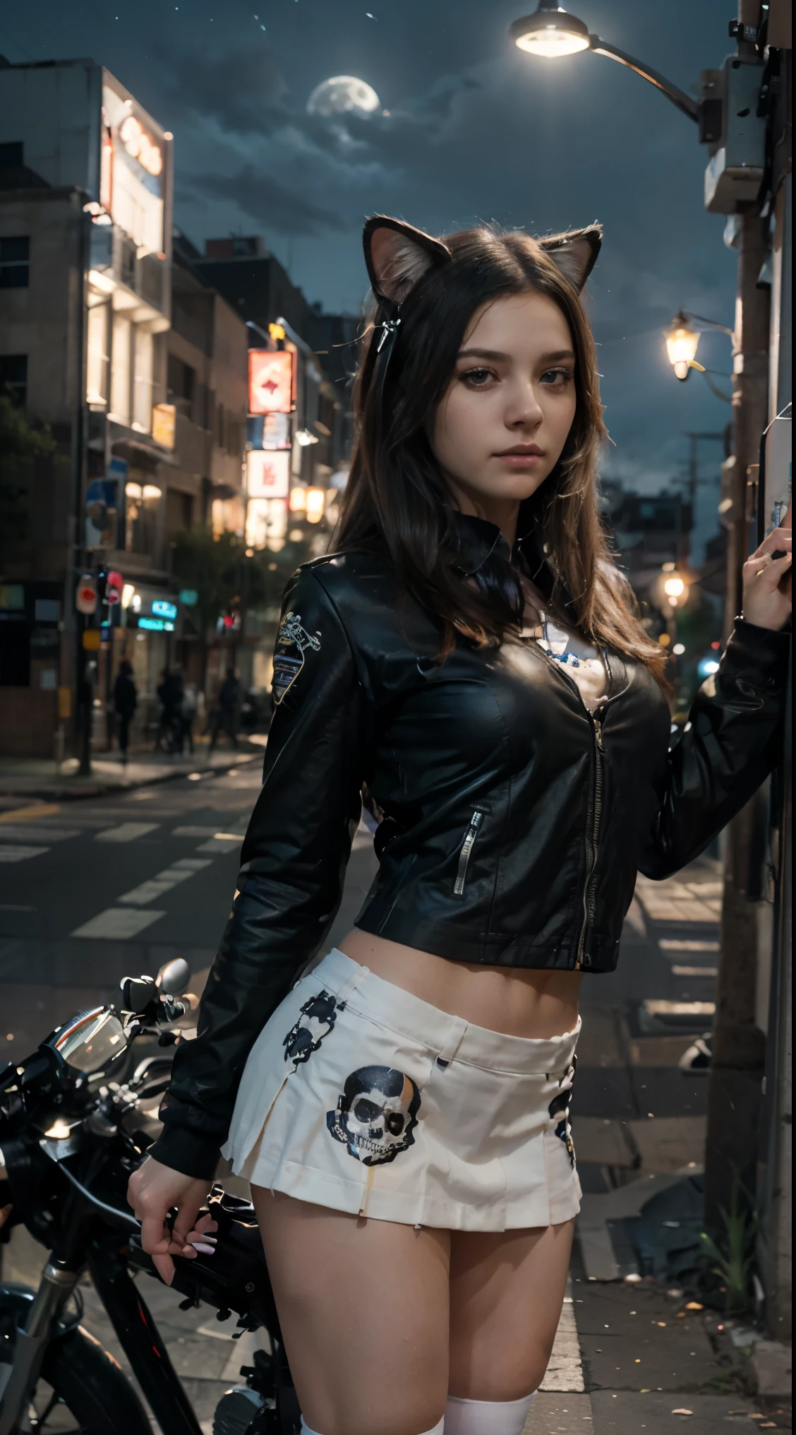 -yeld Wa  E-Girl, Cat Ears, Cat Tail, posando na frente de uma motocicleta futurista, the motorcycle has skulls and blue flames highly detailed 3D graphics, night scenery with full moon in the background, she is wearing a  White SchoolUniform with 3D skulls and flames and Sailor Miniskirt, Pantyhose, HDR, epic realism, high-octane rendering, obra de arte,