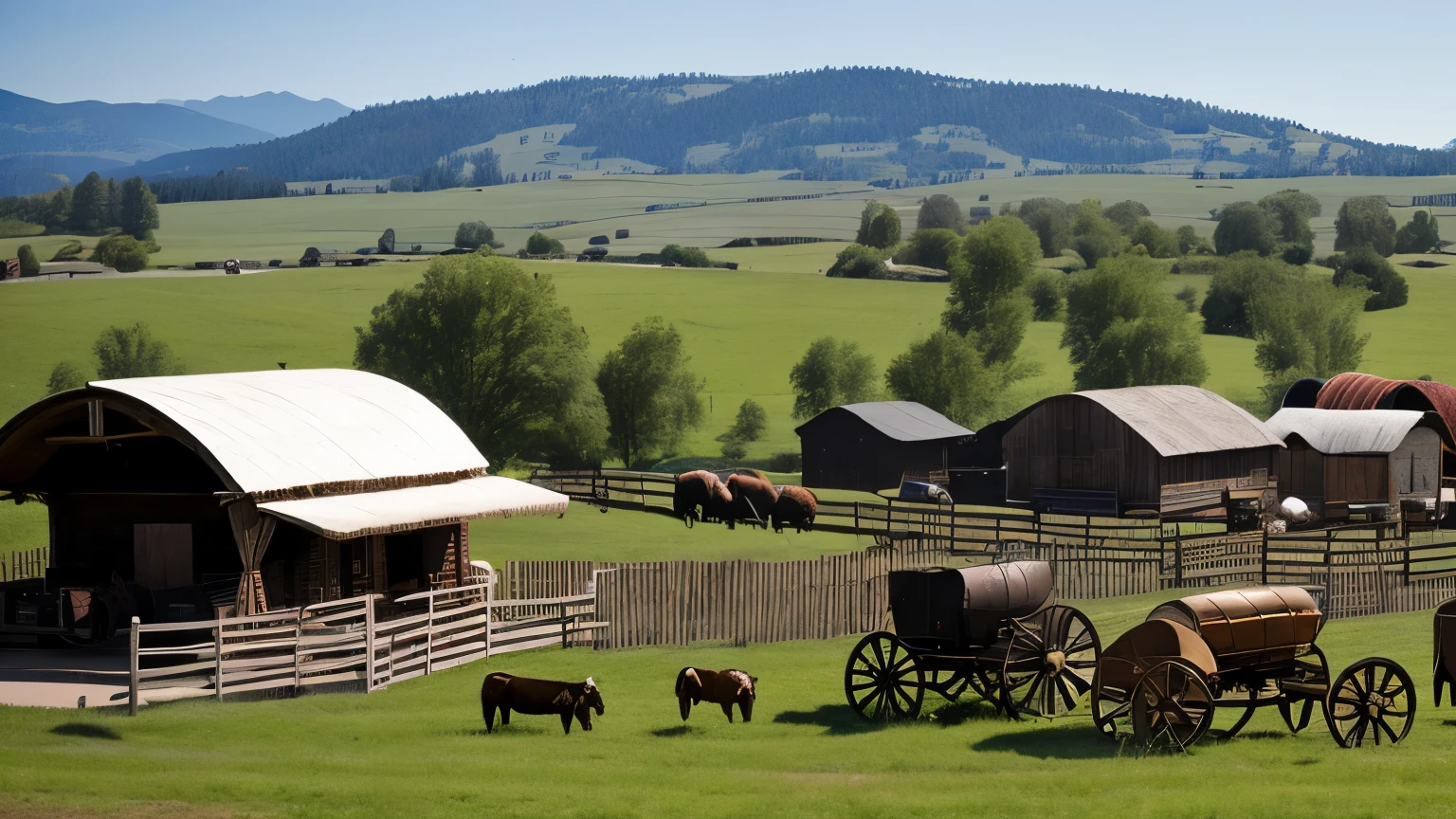 "An American country setting with an antique wagon wheel leaning against a wooden fence, a wagon and stagecoach carriage in the background. Guitars and banjos are arranged on stands around the stage., with bales of hay and kerosene lanterns decorating the space. Cattle grazing can be seen in the background, completing the rural environment."