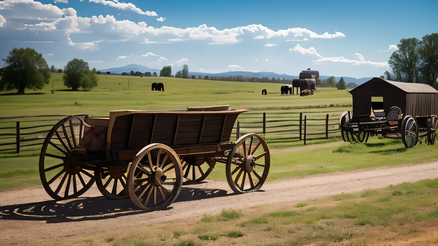 "An American country setting with an antique wagon wheel leaning against a wooden fence, a wagon and stagecoach carriage in the background. Guitars and banjos are arranged on stands around the stage., with bales of hay and kerosene lanterns decorating the space. Cattle grazing can be seen in the background, completing the rural environment."
