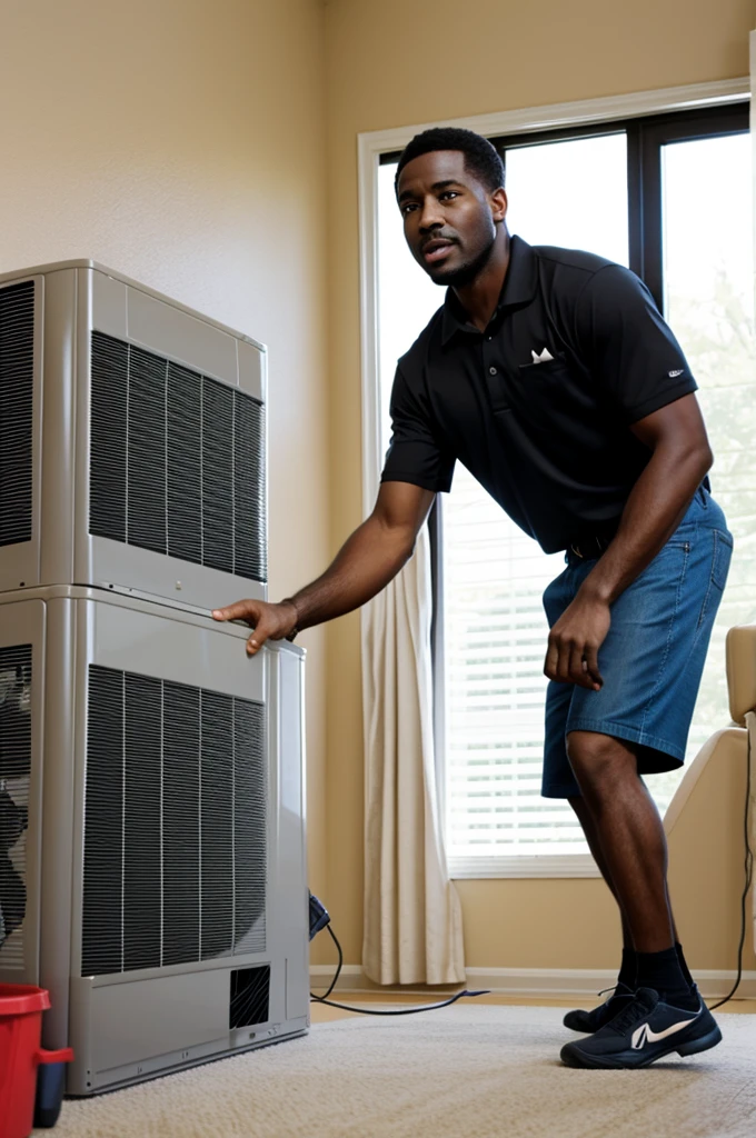 A black man trying to catch his falling air conditioner