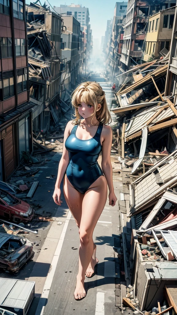 Analog illustration style Top view (((Girl in a swimsuit on the street in a city destroyed by an earthquake))) ((Destroyed city engulfed in flames)) ((Fire)) ((Destroyed building)) ((Destroyed building)) Destroyed car)) ((Pile of rubble)) 90's Giant ((Cloudy sky)) Full body of a female giant girl Destroyed skyscrapers, destroyed cars, crowd Unreal Engine, cleavage, breasts cleavage, earrings, long hair, 1980s (style)