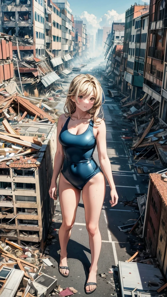 Analog illustration style お尻を見せる (((Girl in a swimsuit on the street in a city destroyed by an earthquake))) ((Destroyed city engulfed in flames)) ((Fire)) ((Destroyed building)) ((Destroyed building)) Destroyed car)) ((Pile of rubble)) 90's Giant ((Cloudy sky)) Full body of a female giant girl Destroyed skyscrapers, destroyed cars, crowd Unreal Engine, cleavage, breasts cleavage, earrings, long hair, 1980s (style)