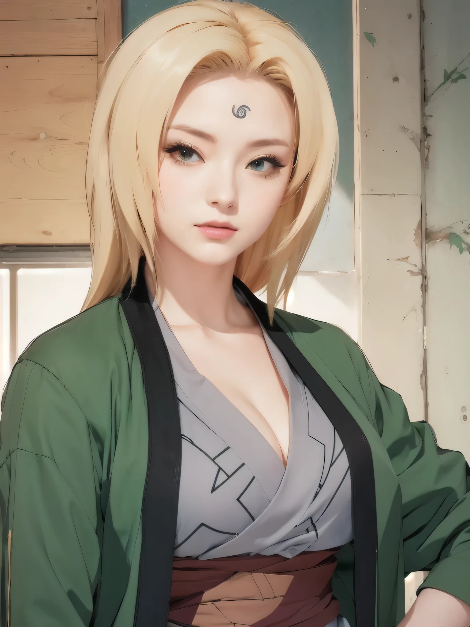 anime - style image of a woman with blonde hair and a green jacket, tsunade from naruto, tsunade, realistic, sexy female realistic character, realistic style 4 k, badass realistic 8 k, , clean detailed realistic art,