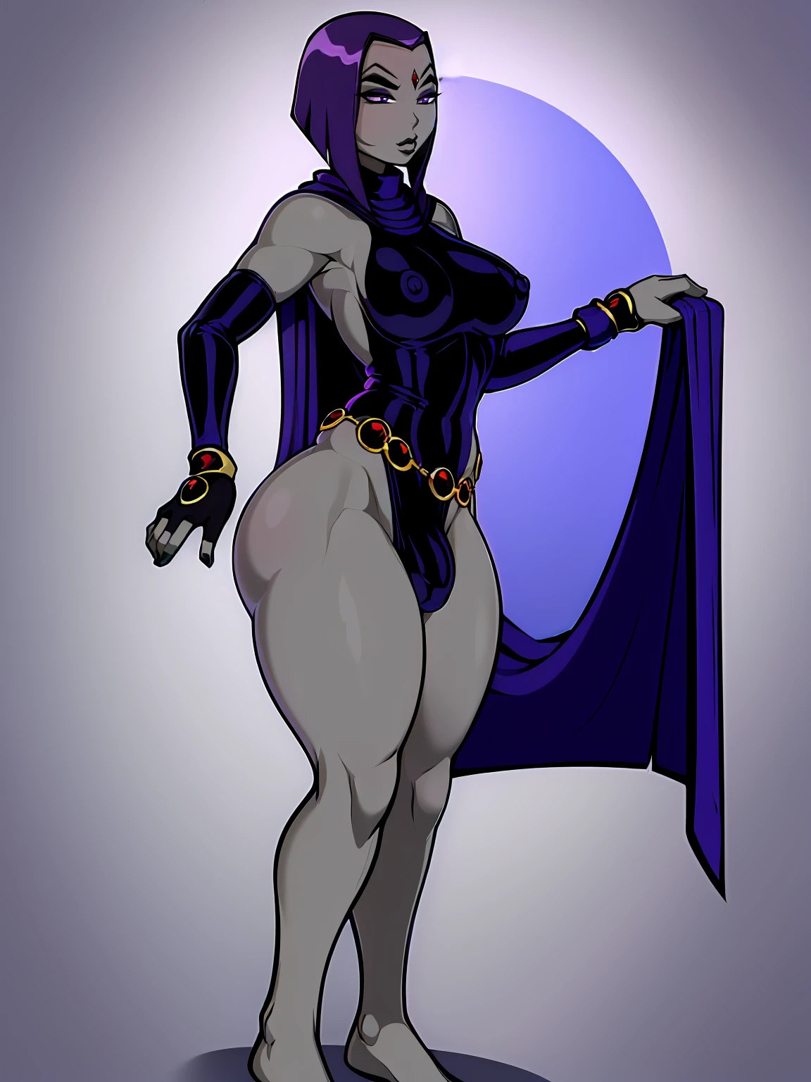 (solo:1.1),(masterpiece), (best quality:1.3), ultra detailed, intricate, (nice hands:1.6), professional art, digital art, absurdres, shadraven, (Full body view:1.1), 1girl, solo, (grey skin:1.4), dark purple hair, bob hair, dark purple eyes, hips wider than shoulders, pear shaped body, jewellery, detailed thighs, thick thighs, red jewel in forehead, jewels, (long sleeved turtleneck leotard:1.3), cuffs, small breasts, nipple bulge, (shadraven cloak), (Shadraven broach:1.2), Shadraven jewel belt, Shadraven wearing a long sleeved leotard, long legs, ( long crotch bulge:1.4), large penis, large testicles, side view, looking at viewer, bubble butt , gluteal crease, universal lighting,,

