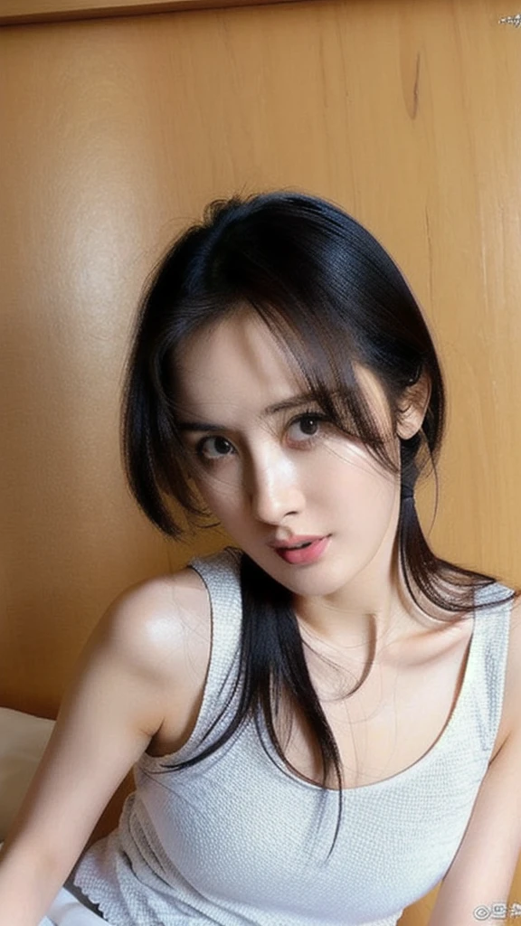 height, Masterpiece, perfect light, Bloom, nighttime, (cinema:0.9) light, Perfect skin, female, soft light, (look at viewer:1.2),yangmi eyeliner, realistic skin,Beautiful face,realistic eyes, Perfectly detailed face,
realistic, (photorealistic:1.2),
sit, ((view from above)),
mesh tank top, indoor, twilight, small, dimly lit tongue, short tongue, stick out your tongue, licking lips, Open your mouth wide