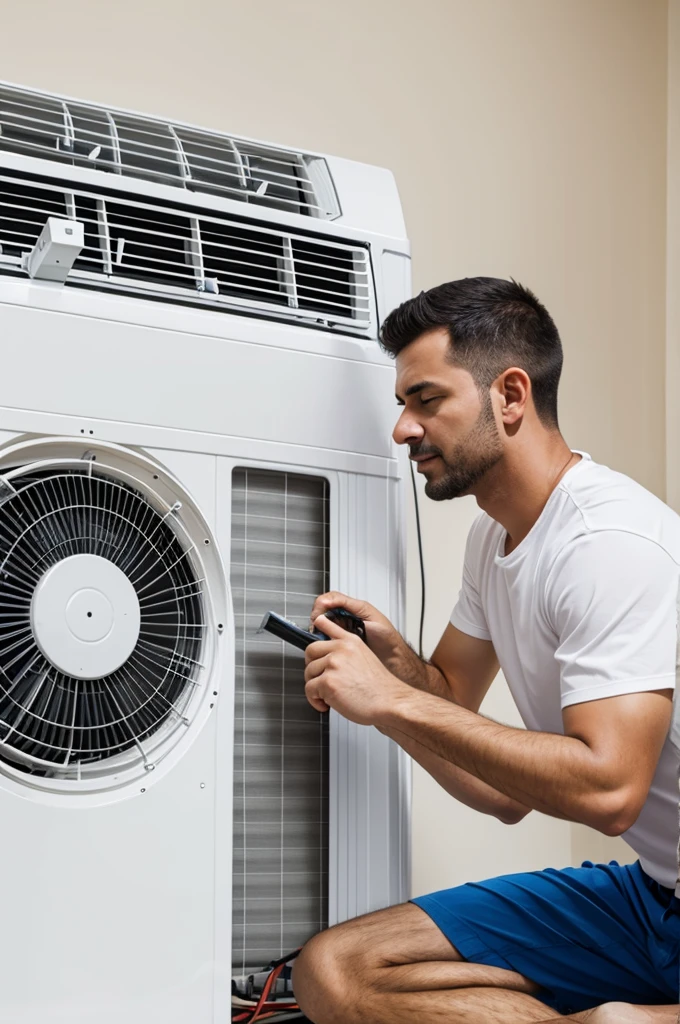A man installing an air conditioner wrong