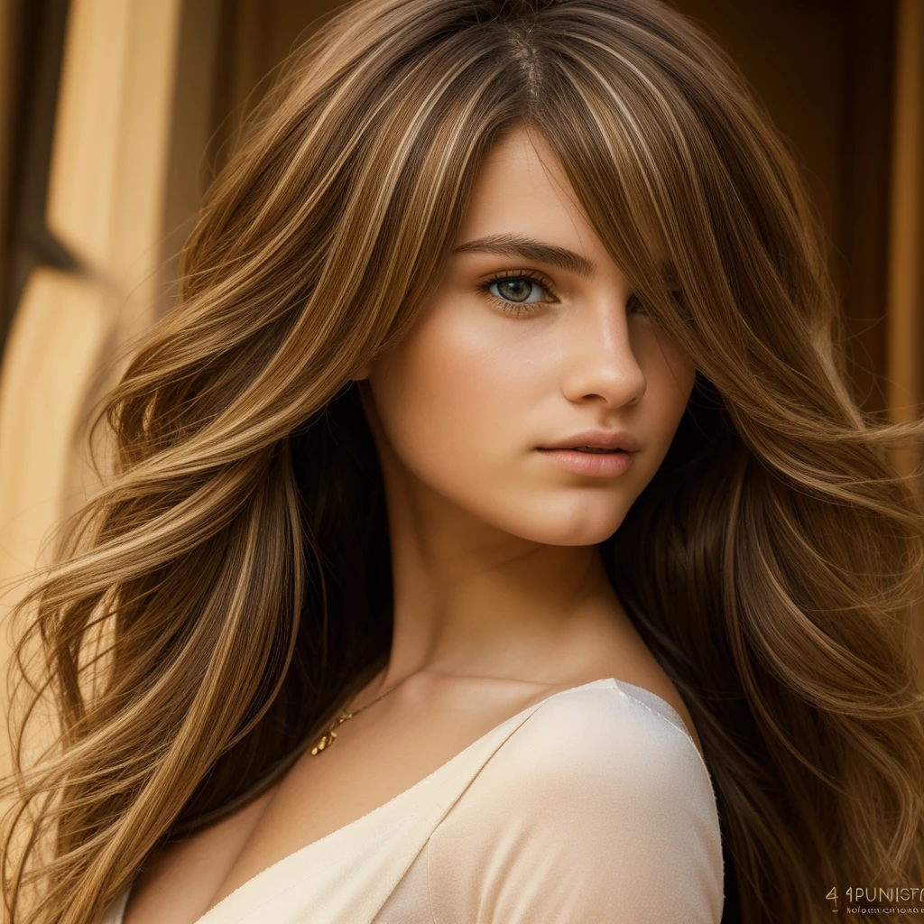 A photorealistic portrait of a 18-year-old italian girl with long, flowing hair whith blonde and brunette highlights and striking hazel eyes. She should have a natural, approachable expression and be illuminated by soft, golden-hour sunlight. She has thick lips. The background should be a scenic indoor setting, chamber. Capture this image with a high-resolution photograph using an 85mm lens for a flattering perspective, 4k, highly detailled.