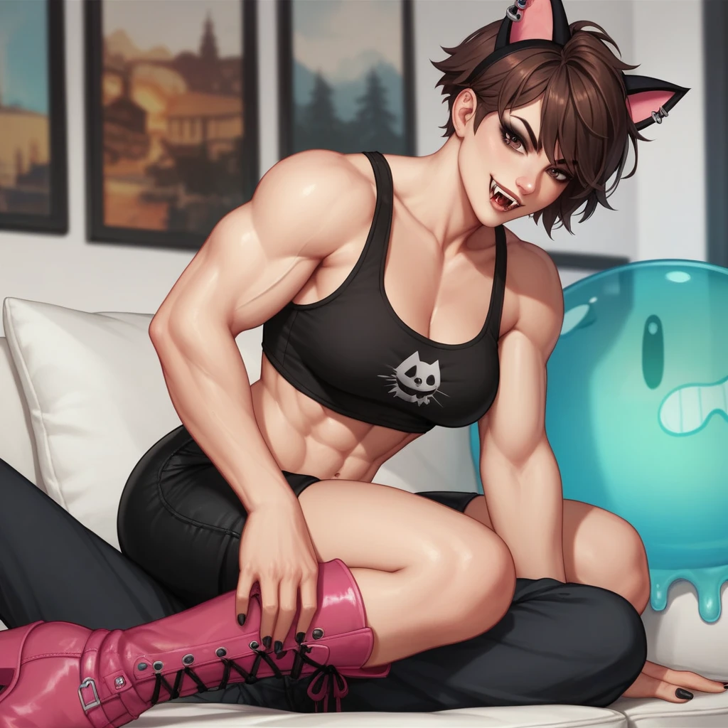 Best quality, highly detailed, ultra detailed, 1 light skin boy, muscular, slime physique, buff chest, short dark brown hair, brown eyes, vampire fangs, cat ears on top of head, painted black nails, goth, black crop top, black pants, pink boots, living room, close up