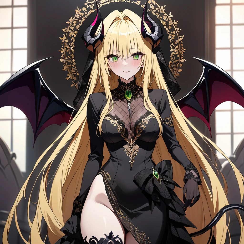 ((Highest quality)), ((masterpiece)), (detailed), （Perfect Face）、（An evil, jet-black demon with jet-black skin.）、The woman was a beautiful, jet-black archdemon with jet-black skin, the evil queen of the demon world, Devil Queen Tiare, with green eyes, blonde medium-long hair, a gorgeous black wedding dress with gold embroidery and trim, a black wedding veil, an engagement ring, and luxurious accessories, and was a beautiful, elegant archdemon, the Demon Queen, lavishly decorated and jeweled.、A beautiful, jet-black-skinned demon with magnificent devil horns, devil wings, and a devil tail.