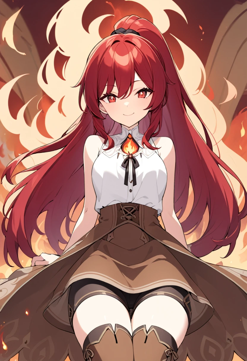 20 years old, long red hair, wears a ponytail, red eyes, always smiling. She dresses in an antique style, wearing a short brown skirt with black shorts underneath, ending above the knees. She wears knee-high brown boots. Her white blouse is sleeveless and features red details. She possesses fire powers and has a fire-themed background."