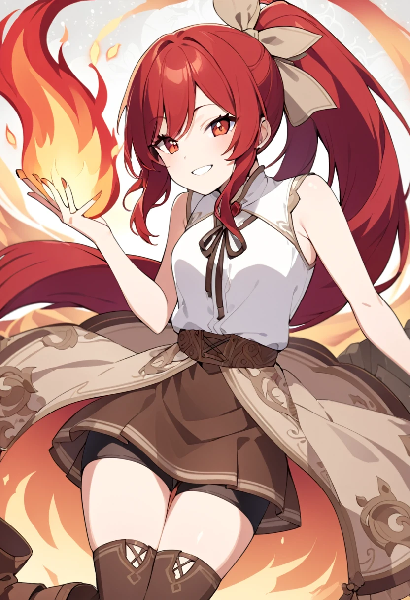 20 years old, long red hair, wears a ponytail, red eyes, always smiling. She dresses in an antique style, wearing a short brown skirt with black shorts underneath, ending above the knees. She wears knee-high brown boots. Her white blouse is sleeveless and features red details. She possesses fire powers and has a fire-themed background."