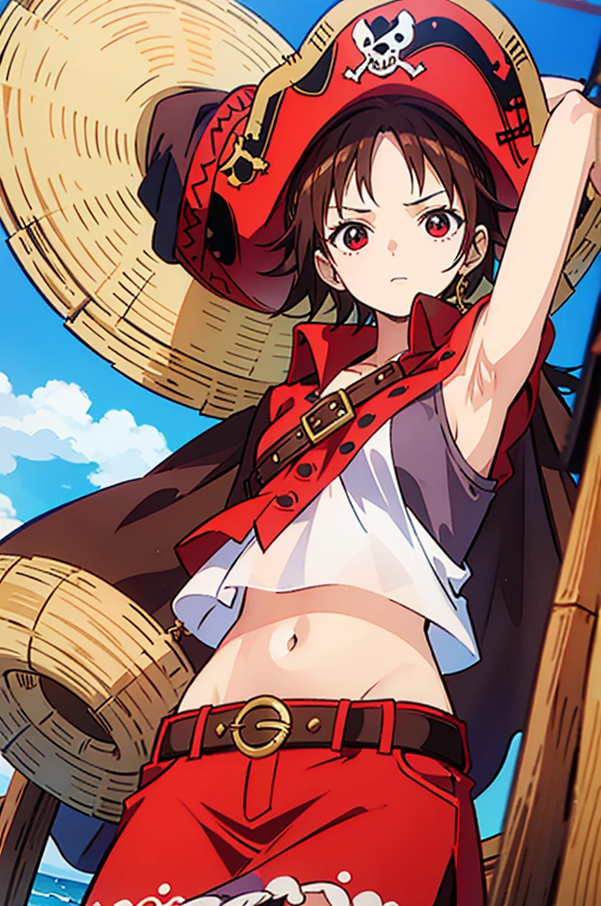 1 female, medium length brown hair, wearing pirate clothing, wearing straw hat with red band, on a pirate ship, wearing straw hat