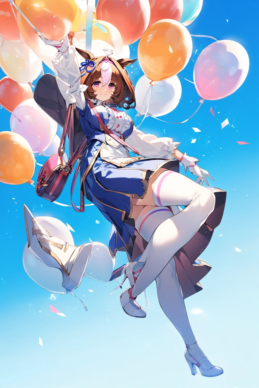 meisho doto \(umamusume\),white shirt, collared shirt, white gloves, shoulder bag, strap between breasts, blue skirt, long sleeves, white thighhighs, high heels, handbag, white footwear, center frills, sleeves past wrist,light smile,looking_at_viewer