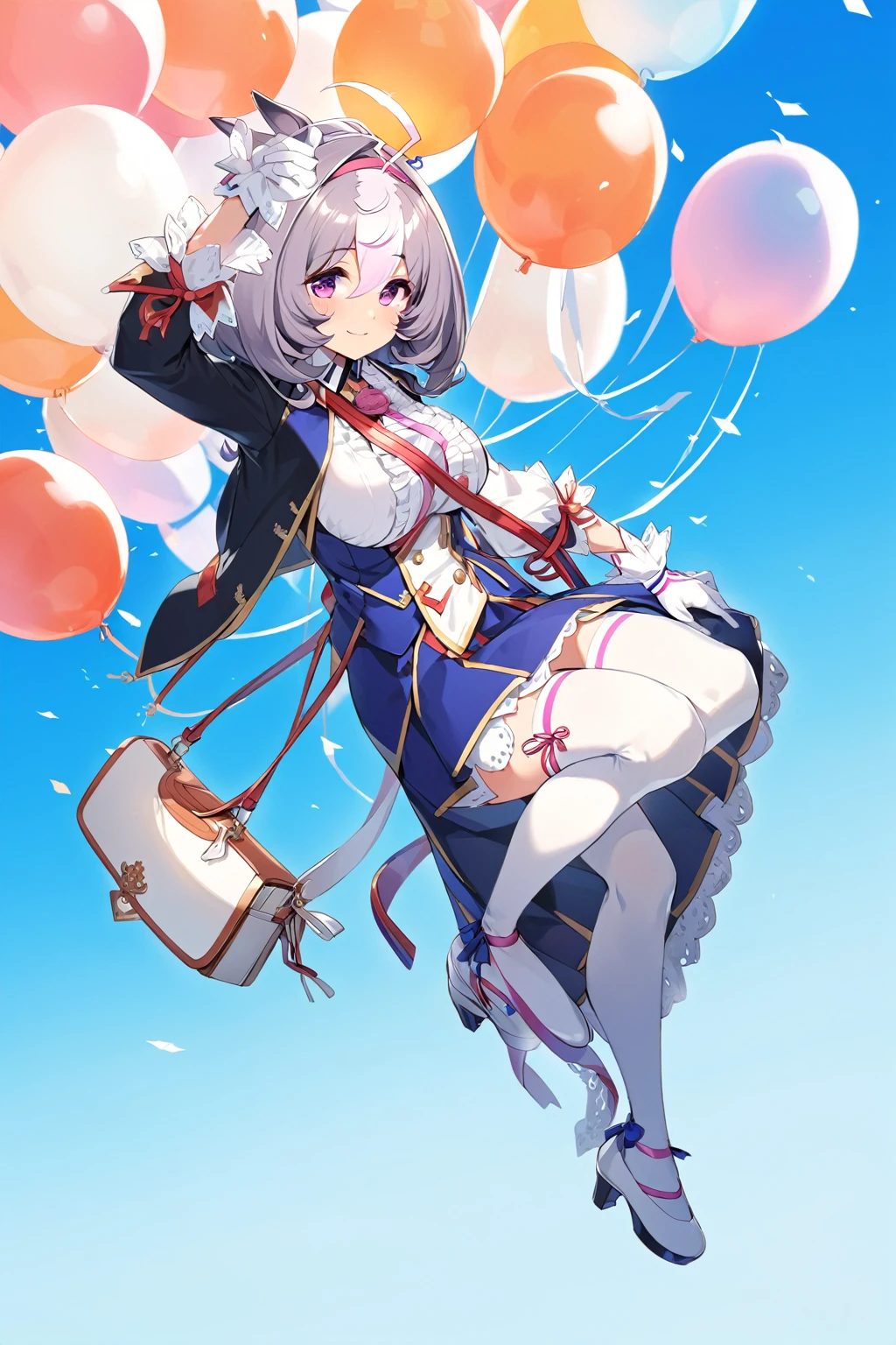meisho doto \(umamusume\),white shirt, collared shirt, white gloves, shoulder bag, strap between breasts, blue skirt, long sleeves, white thighhighs, high heels, handbag, white footwear, center frills, sleeves past wrist,light smile,looking_at_viewer