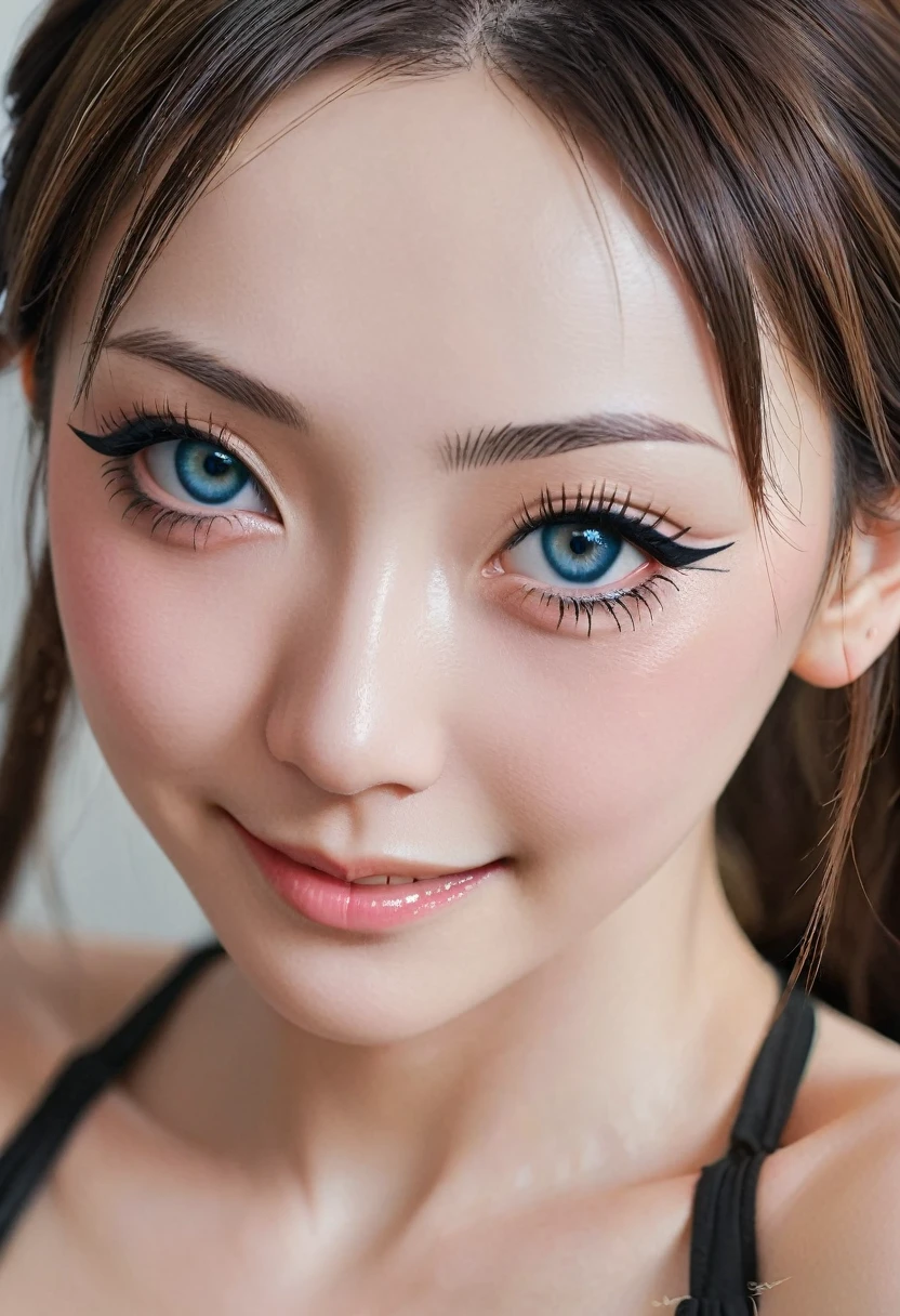 (8k, RAW Photos, Highest quality, masterpiece, Realistic, Photorealistic photography), (1 Japanese female), She's a Race Queen、(Ultimate beauty), Race Queen Costume、Highly detailed face, Highly detailed eyes, Beautiful Eyes, double eyelid, eyelash, Perfect Makeup、smile, Lip gloss、circuit、((Written boundary depth))