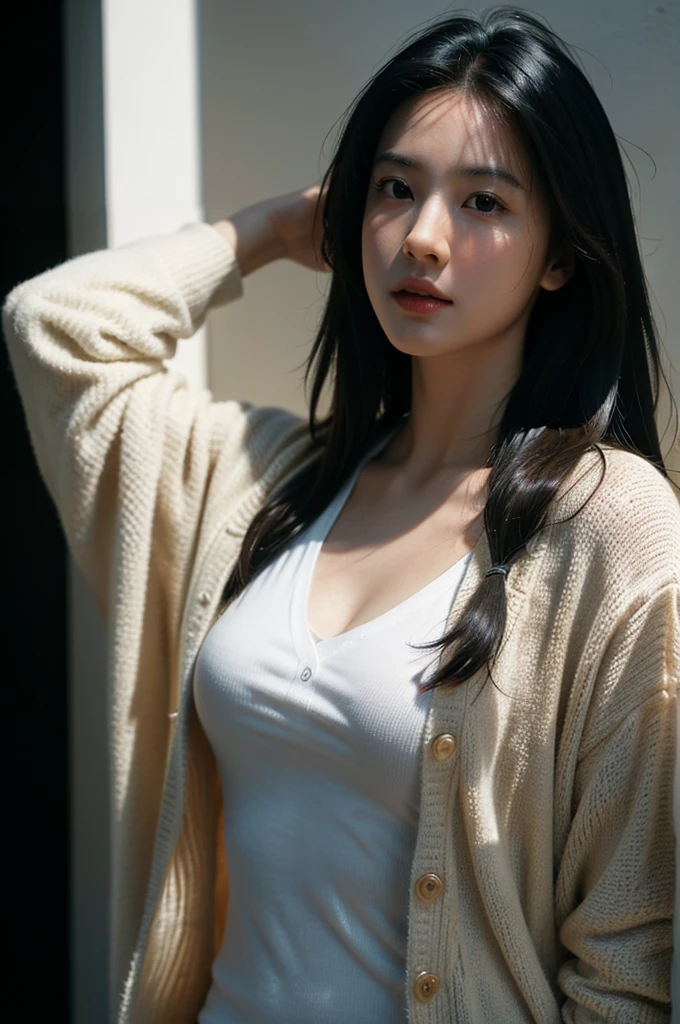 masterpiece, best quality, ultra high resolution (realism: 1.4), original photo, 35mm lens., F1 aperture.4, movie poster, light and shadow, female, white cardigan, long black hair, real skin, (skin detail: 1.3),