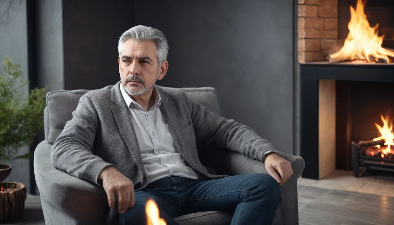 . a middle aged man, with gray hair and serious expression, sitting in an armchair looking at the fireplace . In the silent room. PICTURE REALISTIC, high resolution, 8k