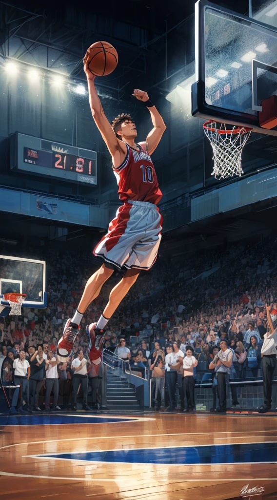 basketball, slam dunk, shot clock showing "0.01", indoor basketball stadium, cheering crowd, dramatic shot, photorealistic, illustration, painting, anime