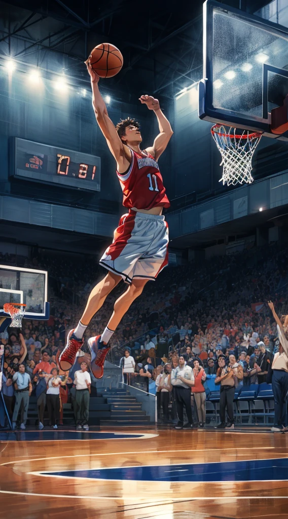 basketball, slam dunk, shot clock showing "0.01", indoor basketball stadium, cheering crowd, dramatic shot, photorealistic, illustration, painting, anime