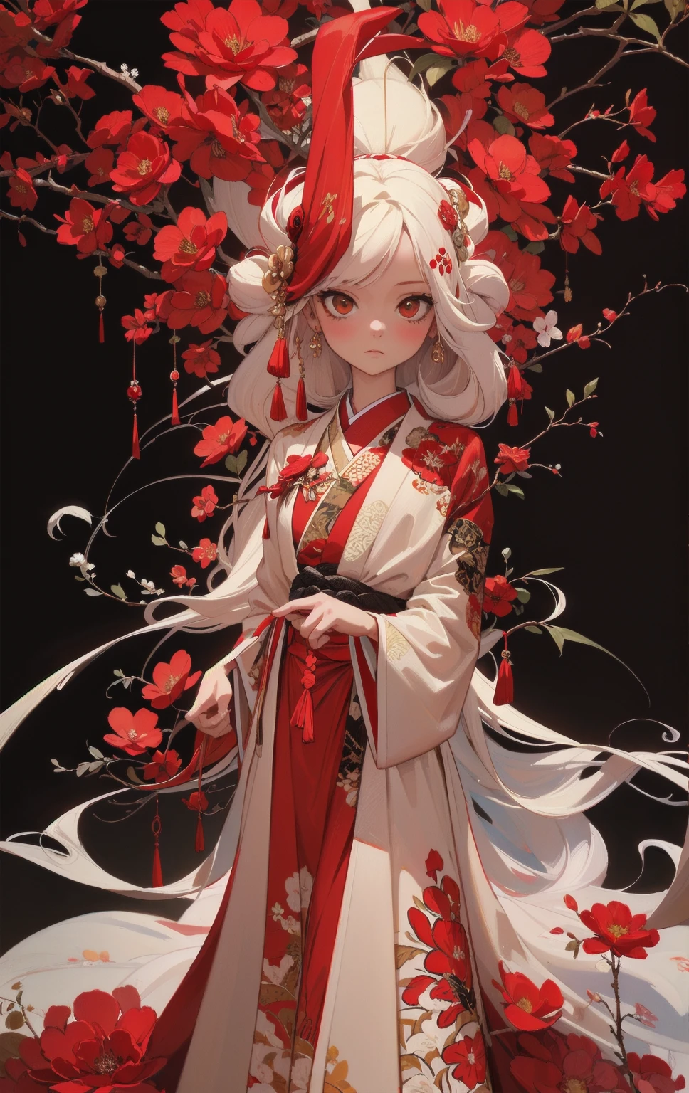 digital painting, anime-style, a beautiful young woman with long flowing white hair adorned with red flowers, wearing a traditional red and white kimono with intricate floral patterns, standing gracefully against a dramatic and ornate background filled with red and white floral motifs, vibrant and contrasting color scheme with dominant reds, detailed and elaborate designs, soft and ethereal lighting, serene and poised expression, high contrast, intricate details, elegant and captivating atmosphere, highly detailed, perfect lighting, vibrant colors, (masterpiece: 2), best quality, ultra highres, original, extremely detailed, perfect lighting
