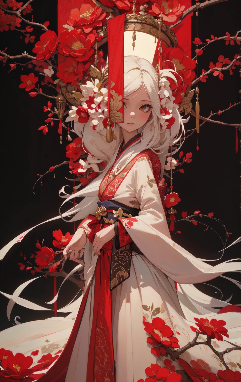 digital painting, anime-style, a beautiful young woman with long flowing white hair adorned with red flowers, wearing a traditional red and white kimono with intricate floral patterns, standing gracefully against a dramatic and ornate background filled with red and white floral motifs, vibrant and contrasting color scheme with dominant reds, detailed and elaborate designs, soft and ethereal lighting, serene and poised expression, high contrast, intricate details, elegant and captivating atmosphere, highly detailed, perfect lighting, vibrant colors, (masterpiece: 2), best quality, ultra highres, original, extremely detailed, perfect lighting
