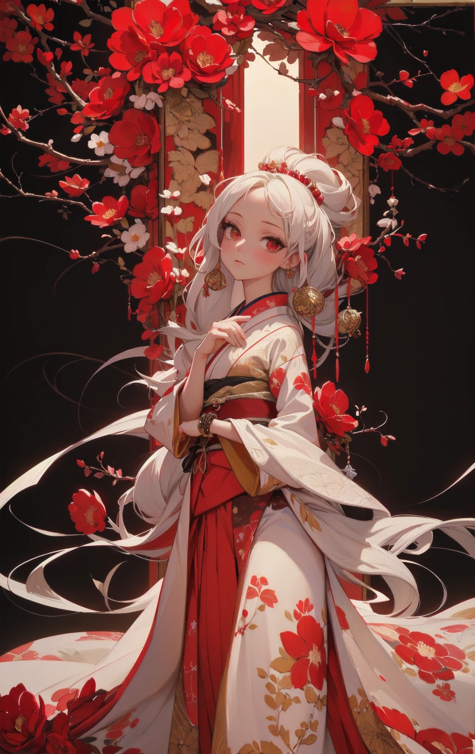  Women(alone), very long white hair,Red eyes,red and red kimono that reveals her shoulders, big breasts, tight