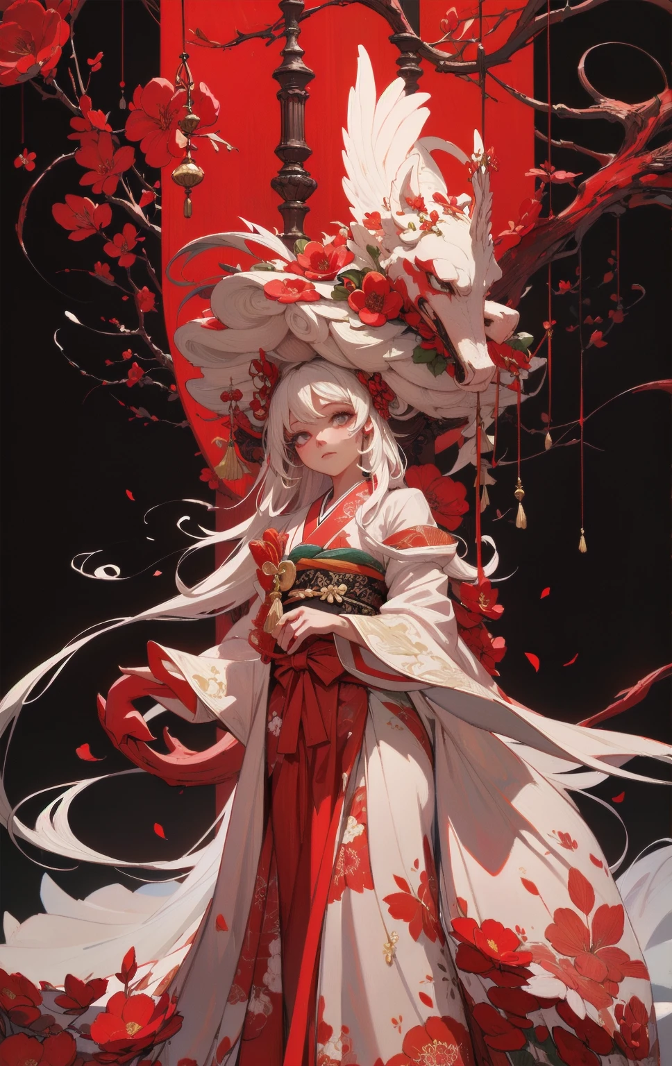 digital painting, anime-style, a beautiful young woman with long flowing white hair adorned with red flowers, wearing a traditional red and white kimono with intricate floral patterns, standing gracefully against a dramatic and ornate background filled with red and white floral motifs, vibrant and contrasting color scheme with dominant reds, detailed and elaborate designs, soft and ethereal lighting, serene and poised expression, high contrast, intricate details, elegant and captivating atmosphere, highly detailed, perfect lighting, vibrant colors, (masterpiece: 2), best quality, ultra highres, original, extremely detailed, perfect lighting