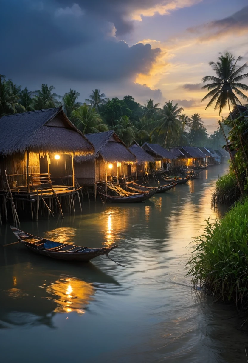Beautiful village landscape located along the banks of a canal in Thailand. Peaceful, dark morning sky. The sun is rising from the horizon. It creates a magical atmosphere. A village of bamboo huts with thatched roofs Coconut trees sway gently Waves crash against the shore, birds search for food, and fishing boats float in the water., En plein air, cinematic lighting, UHD