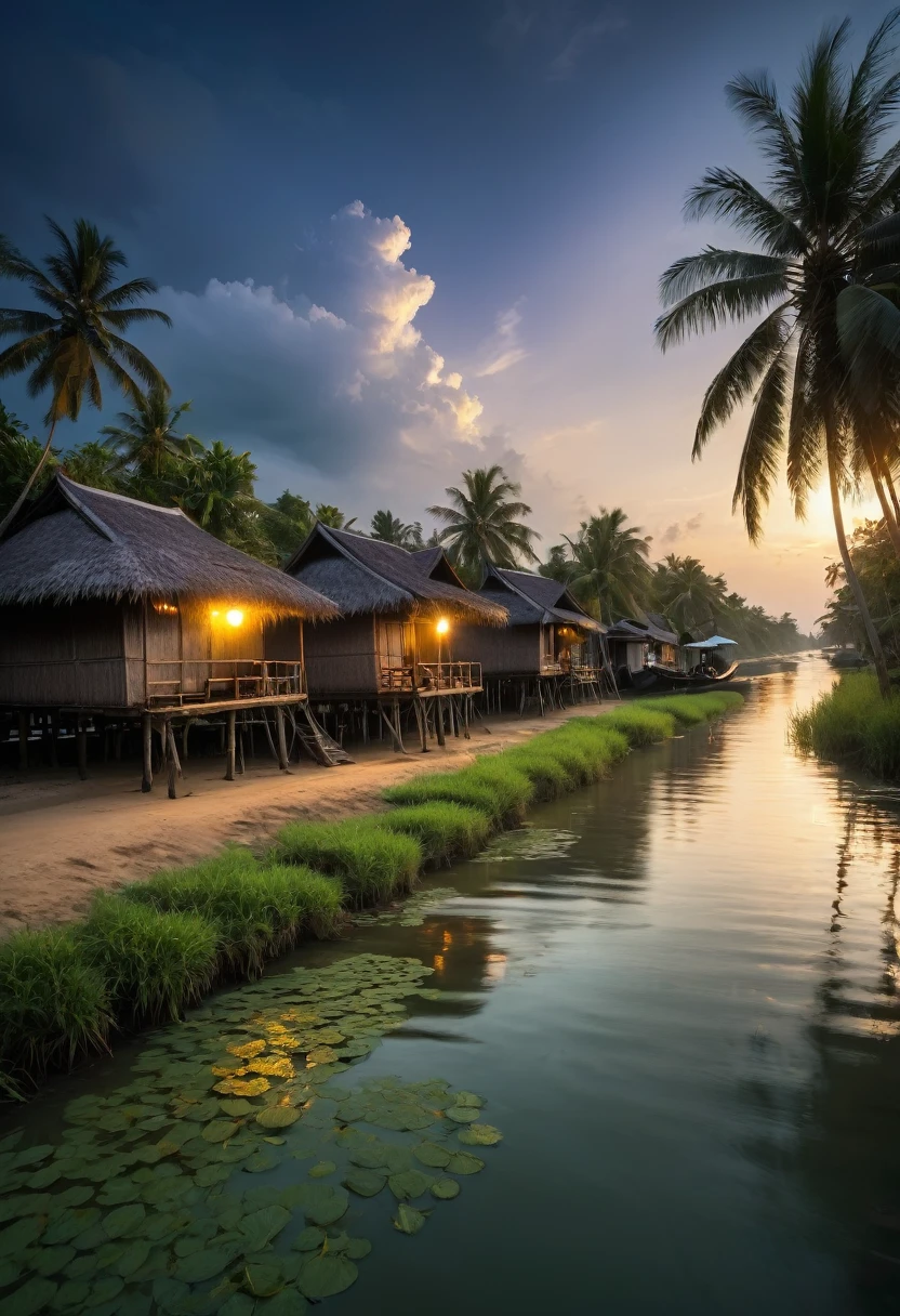 Beautiful village landscape located along the banks of a canal in Thailand. Peaceful, dark morning sky. The sun is rising from the horizon. It creates a magical atmosphere. A village of bamboo huts with thatched roofs Coconut trees sway gently Waves crash against the shore, birds search for food, and fishing boats float in the water., En plein air, cinematic lighting, UHD