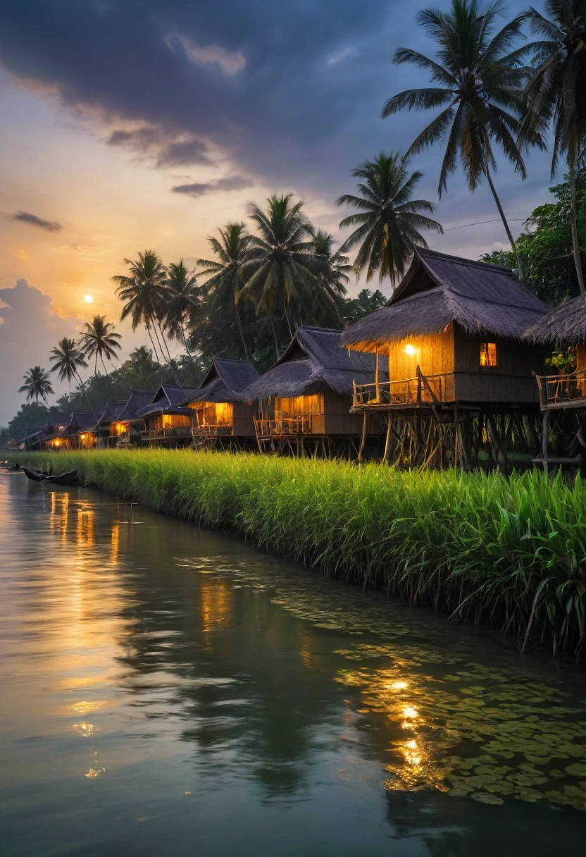 Beautiful village landscape located along the banks of a canal in Thailand. Peaceful, dark morning sky. The sun is rising from the horizon. It creates a magical atmosphere. A village of bamboo huts with thatched roofs Coconut trees sway gently Waves crash against the shore, birds search for food, and fishing boats float in the water., En plein air, cinematic lighting, UHD