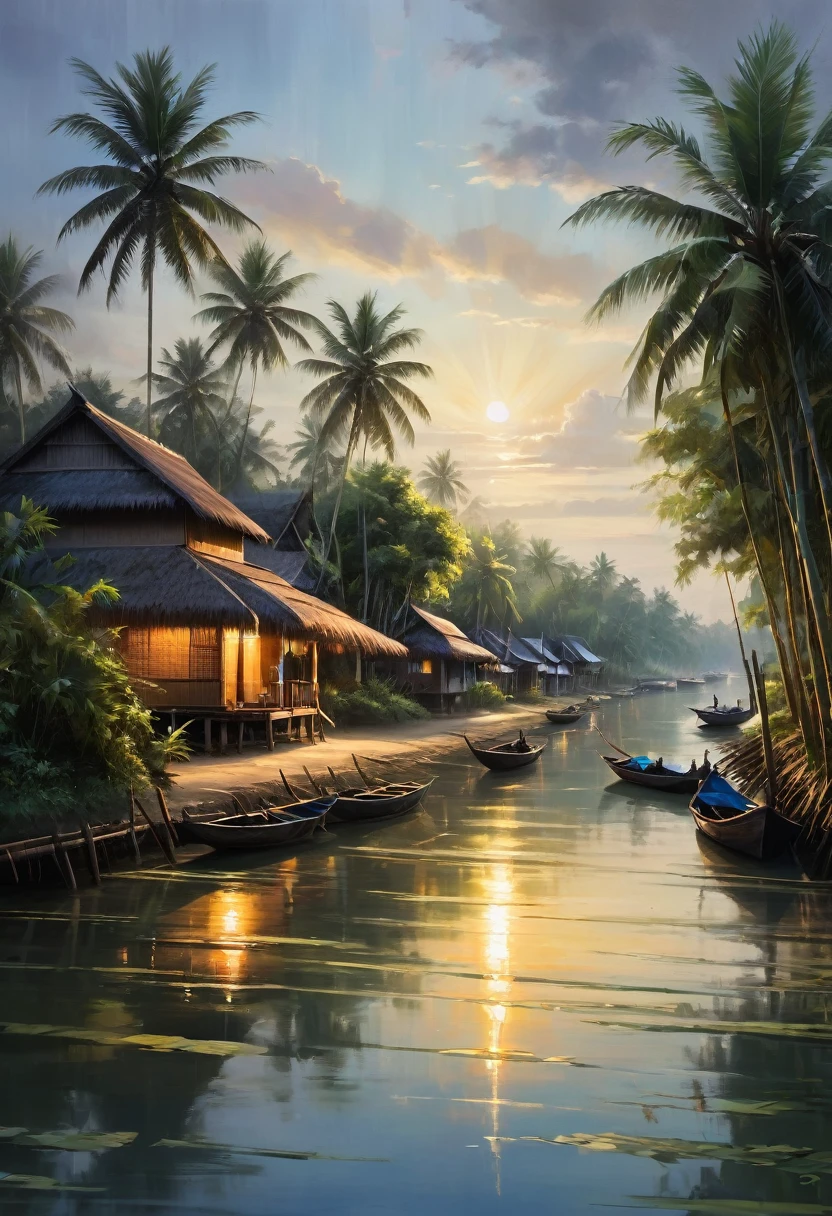 Beautiful village landscape located along the banks of a canal in Thailand. Peaceful, dark morning sky. The sun is rising from the horizon. It creates a magical atmosphere. A village of bamboo huts with thatched roofs Coconut trees sway gently Waves crash against the shore, birds search for food, and fishing boats float in the water., En plein air, cinematic lighting, UHD