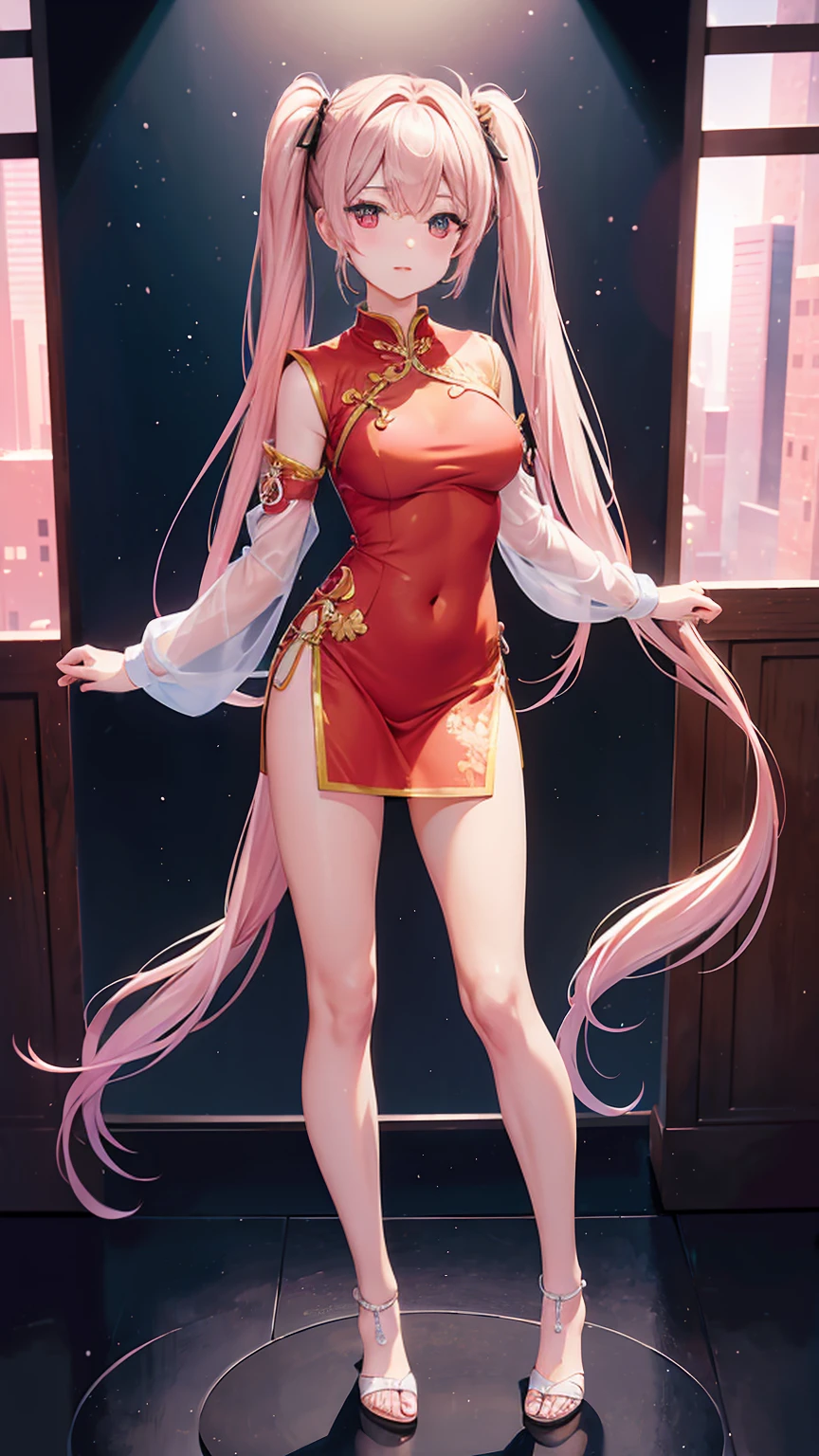 ((Full body photo, standing, feet on the floor)) Realistic photo of cute woman, uneven twin tails, light makeup, medium chest size, smile a little, wear a cheongsam, full body shot, Clear facial features with sharp, realistic details, Sony FE, 35mm, cinematic lighting, advanced details, UHD, high quality, HD, 8K, 16k