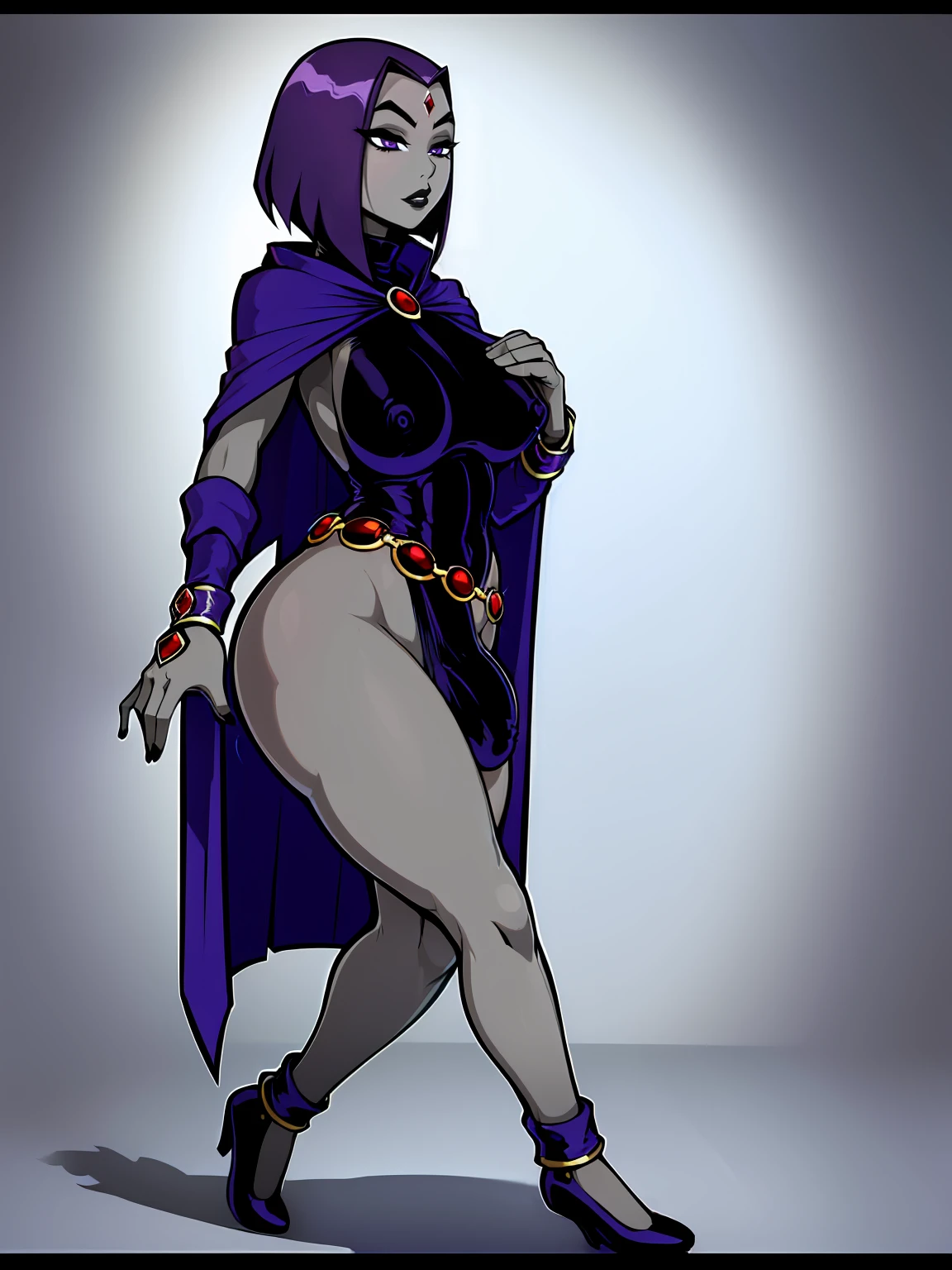 (solo:1.1),(masterpiece), (best quality:1.3), ultra detailed, intricate, (nice hands:1.6), professional art, digital art, absurdres, shadraven, (Full body view:1.1), 1girl, solo, (grey skin:1.4), dark purple hair, bob hair, dark purple eyes, hips wider than shoulders, pear shaped body, jewellery, detailed thighs, thick thighs, red jewel in forehead, jewels, (long sleeved turtleneck leotard:1.3), cuffs, small breasts, nipple bulge, (shadraven cloak), (Shadraven broach:1.2), Shadraven jewel belt, Shadraven wearing a long sleeved leotard, long legs, ( long crotch bulge:1.4), large penis, large testicles, side view, looking at viewer, bubble butt , gluteal crease, universal lighting,,