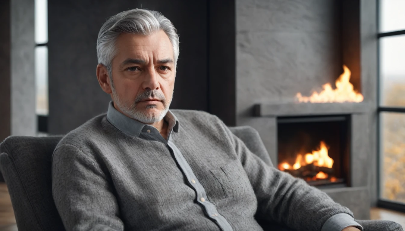 . a middle aged man, with gray hair and serious expression, sitting in an armchair looking at the fireplace . In the silent room. PICTURE REALISTIC, high resolution, 8k