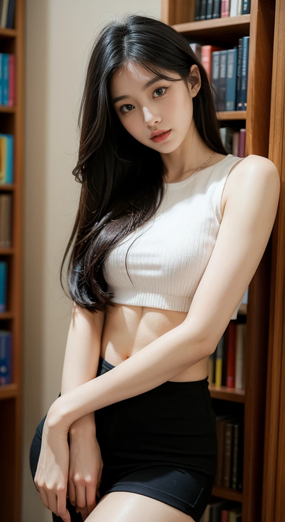 Korean woman, black short shirt,library,Fantasy style,soft light,Rich in detail,dreamy colors,elegant action, shy face, athlete, abs show, , black long hair, fair skin, restore face