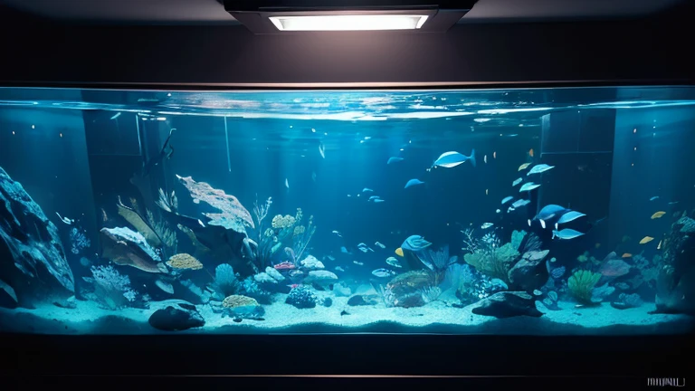 ((Masterpiece, High definition, high resolution, CGI film style, realistic, realistic film style)), inside illumination, ((In an Aquarium)), high contrast, ((Top angle)), ((view from the top)), ((Inside illumination)), ((Blue tones)), modern, ((Panoramic shot))
