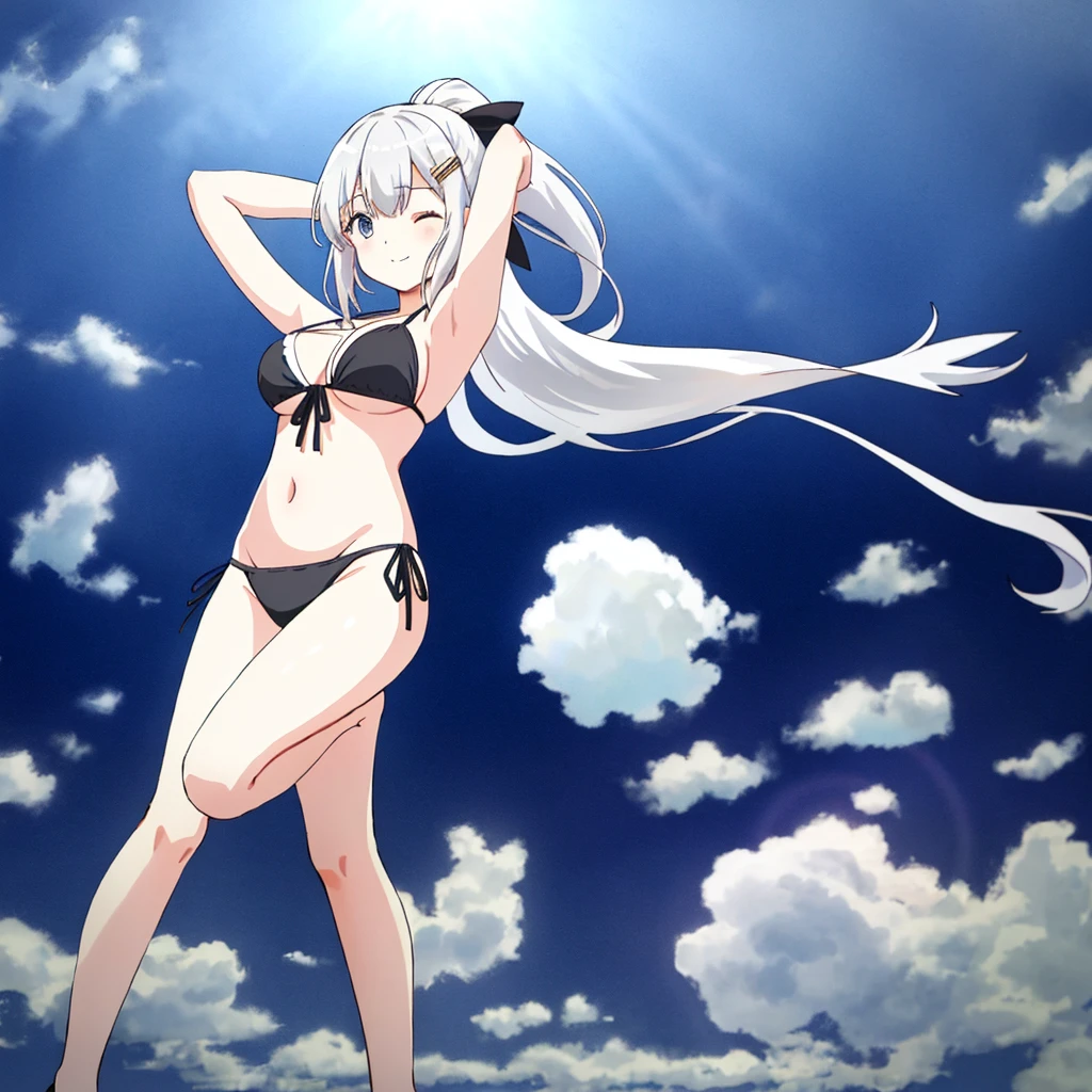 zPDXL2, rating_safe, source_anime, 1girl, 4k quality, detailed background, detailed eyes, (cowboy shot), outdoors,, happy, sunny, naruse shiroha, white hair, blue eyes, black bikini,side-tie bikini bottom,hair clip,left hair clip, legs apart,feet apart,full body, standing spread legs-standing apart,long hair,one eye closed, ponytail,detailed bangs, tying hair, arms up,two arms up,arms behind head,solo focus,1 girl