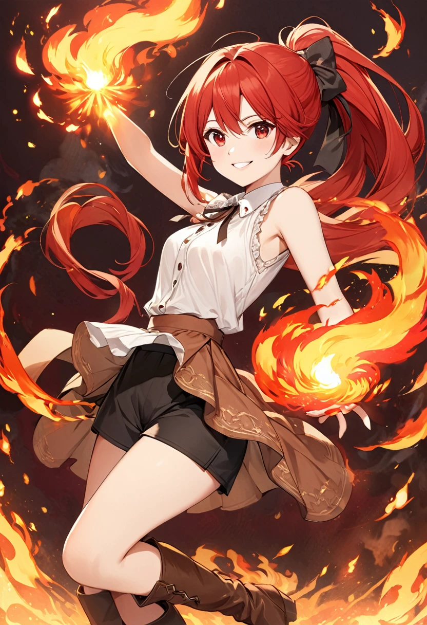 20 years old, long red hair, wears a ponytail, red eyes, always smiling. She dresses in an antique style, wearing a short brown skirt with black shorts underneath, ending above the knees. She wears knee-high brown boots. Her white blouse is sleeveless and features red details. She possesses fire powers and has a fire-themed background."