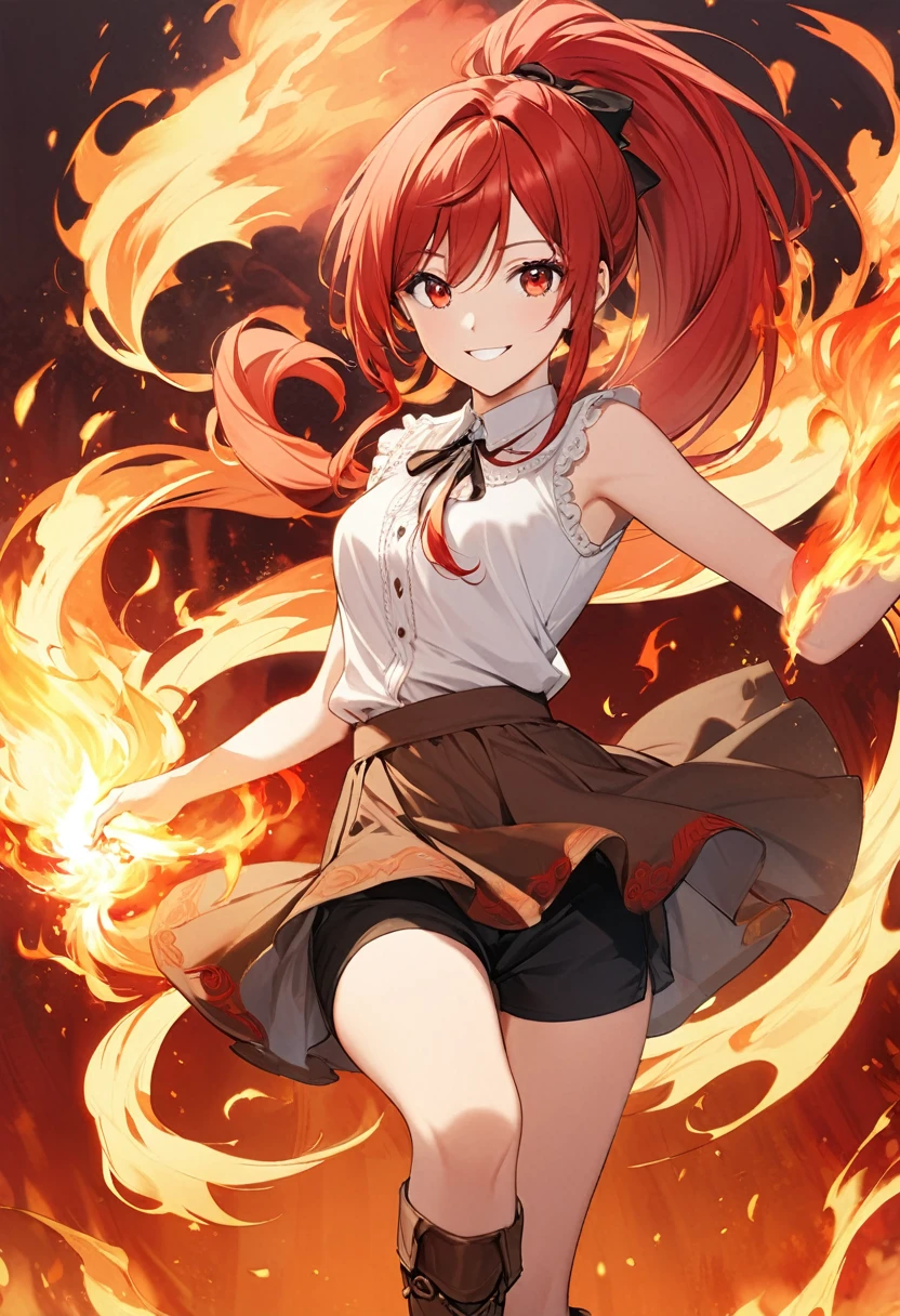 20 years old, long red hair, wears a ponytail, red eyes, always smiling. She dresses in an antique style, wearing a short brown skirt with black shorts underneath, ending above the knees. She wears knee-high brown boots. Her white blouse is sleeveless and features red details. She possesses fire powers and has a fire-themed background."