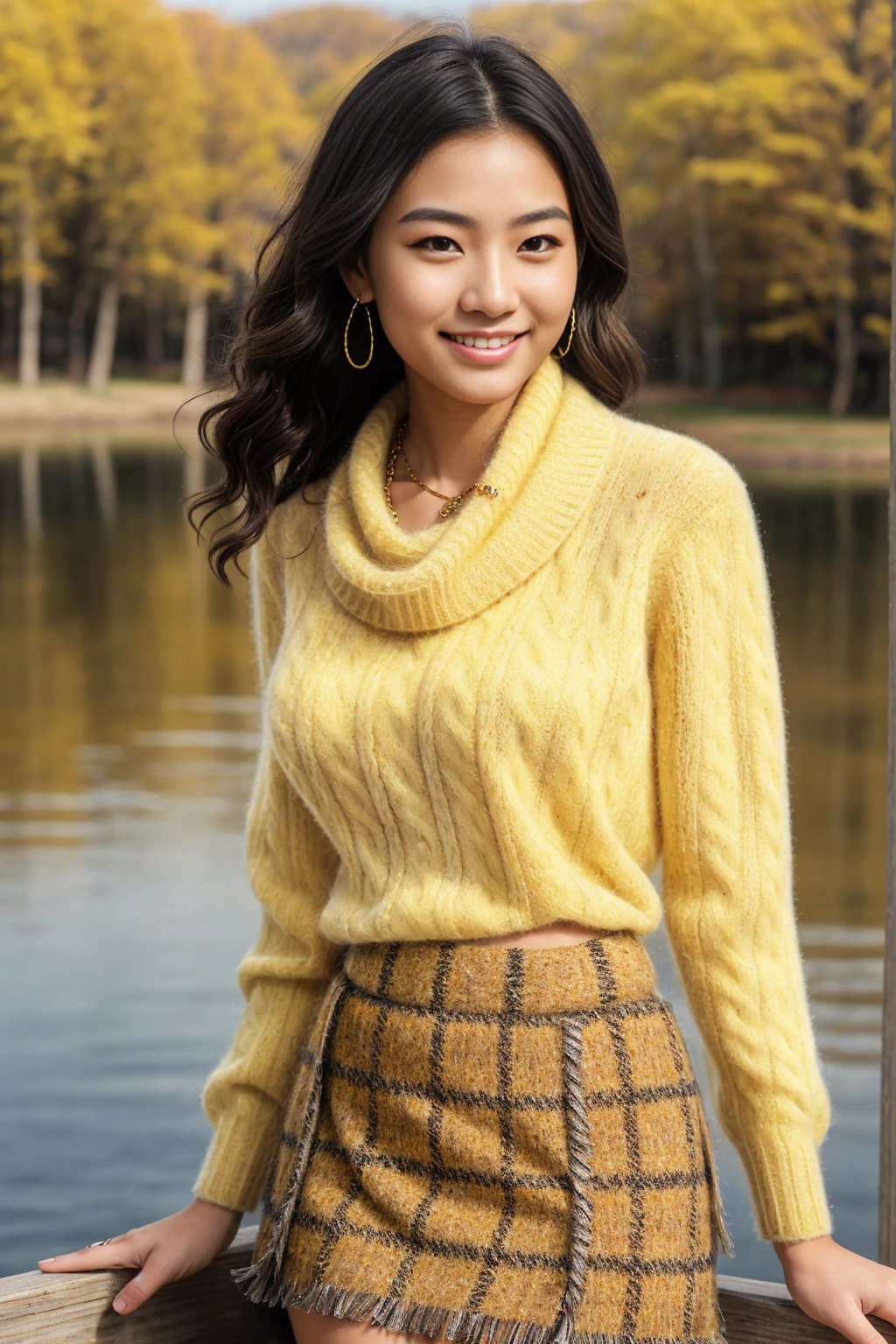 Half-length glamour portrait, nikon D850, f1.6 lens, 200mm, DSLR, 22 Megapixels, (((Tranquil lakeside scene))), shot of a stunning 19 years old korean girl, (smile:1.4), (wearing Yellow cashmere sweater with a tweed skirt:1.6), ((seductive pose)), hot girl, (((big natural breasts))), (((black fringe hair))), (small girl), symmetrical face, photorealistic, photography, (bright natural lighting), gorgeous, deep cleavage, (masterpiece), best quality, high resolution, extremely detailed, cinematic lighting, (((very narrow waist))), rich colors, hyper realistic, lifelike texture, ((jewelry)), (((She has beautiful hands and wears rings))), (bracelet), (necklace), (ankle chain), (nail polish) (earrings), Fuji Superia 200, 8k
