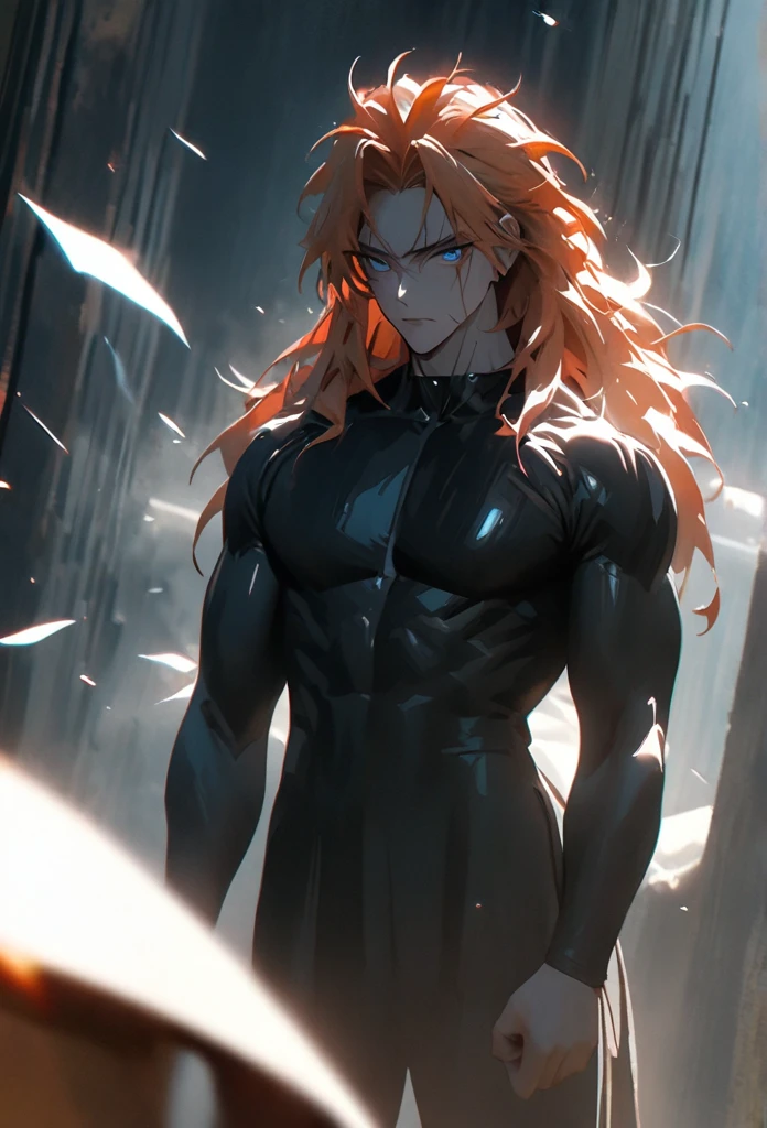 (solo), orange hair, messy hair, mane hair, short hair, dense hair, wild hair, expressive hair, mature,(25 year old), pale skin, blue eyes, ((male)), muscular body, wearing a black dress shirt,, handsome, attractive, eye reflection, depth of field, thunder aura,cinematic lighting, ray tracing, depth of field, cinematic lighting, ray tracing, UHD, high details, best quality, highres, high quality, award winning, super detail, masterpiece, 8k, UHD, high details, best quality, highres, high quality, award winning, super detail, masterpiece, 8k, digital art, anime coloring, full body shot, body shot, good face, perfect face, detailed face, good eyes