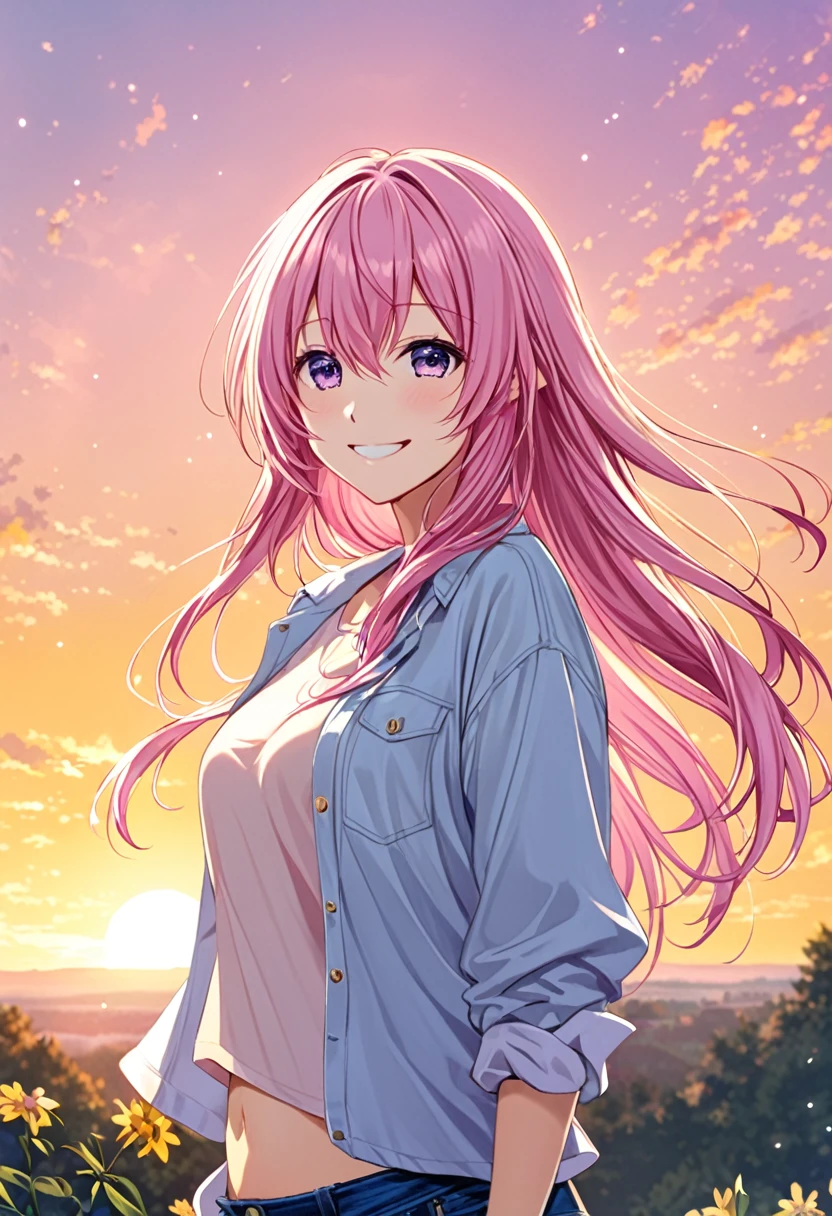Megurine Luka smile casual clothes jeans pants colored morning peace upper body