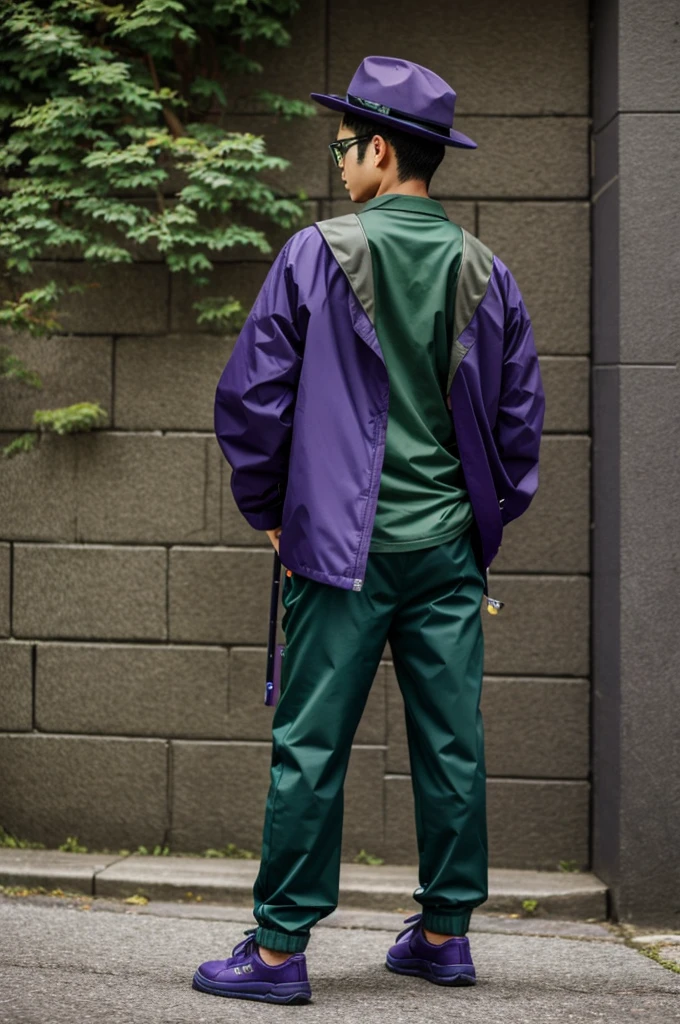 A Nekomata boy with a hat and glasses,navy blue pants and a purple jacket and a green shirt and green shoes,and two katanas on his back