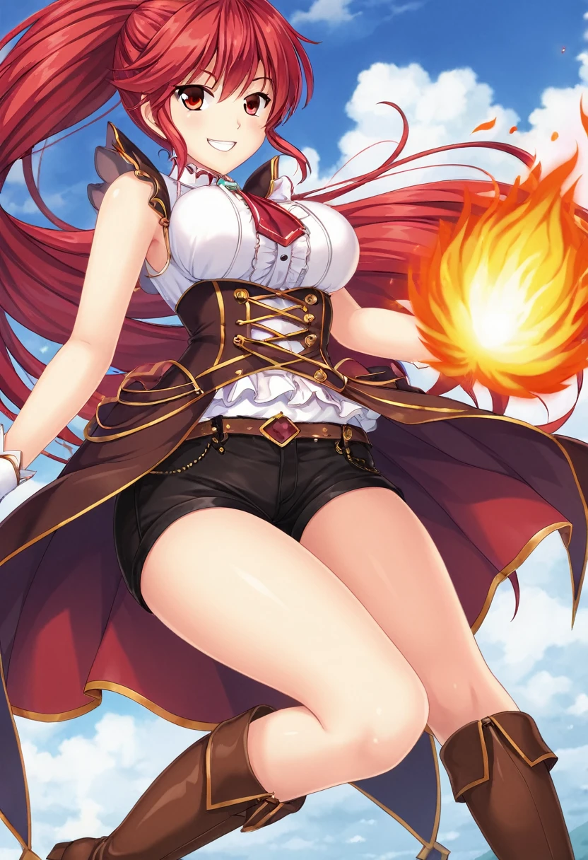 20 years old, long red hair, wears a ponytail, red eyes, always smiling. She dresses in an antique style, wearing a short brown skirt with black shorts underneath, ending above the knees. She wears knee-high brown boots. Her white blouse is sleeveless and features red details. She possesses fire powers and has a fire-themed background."